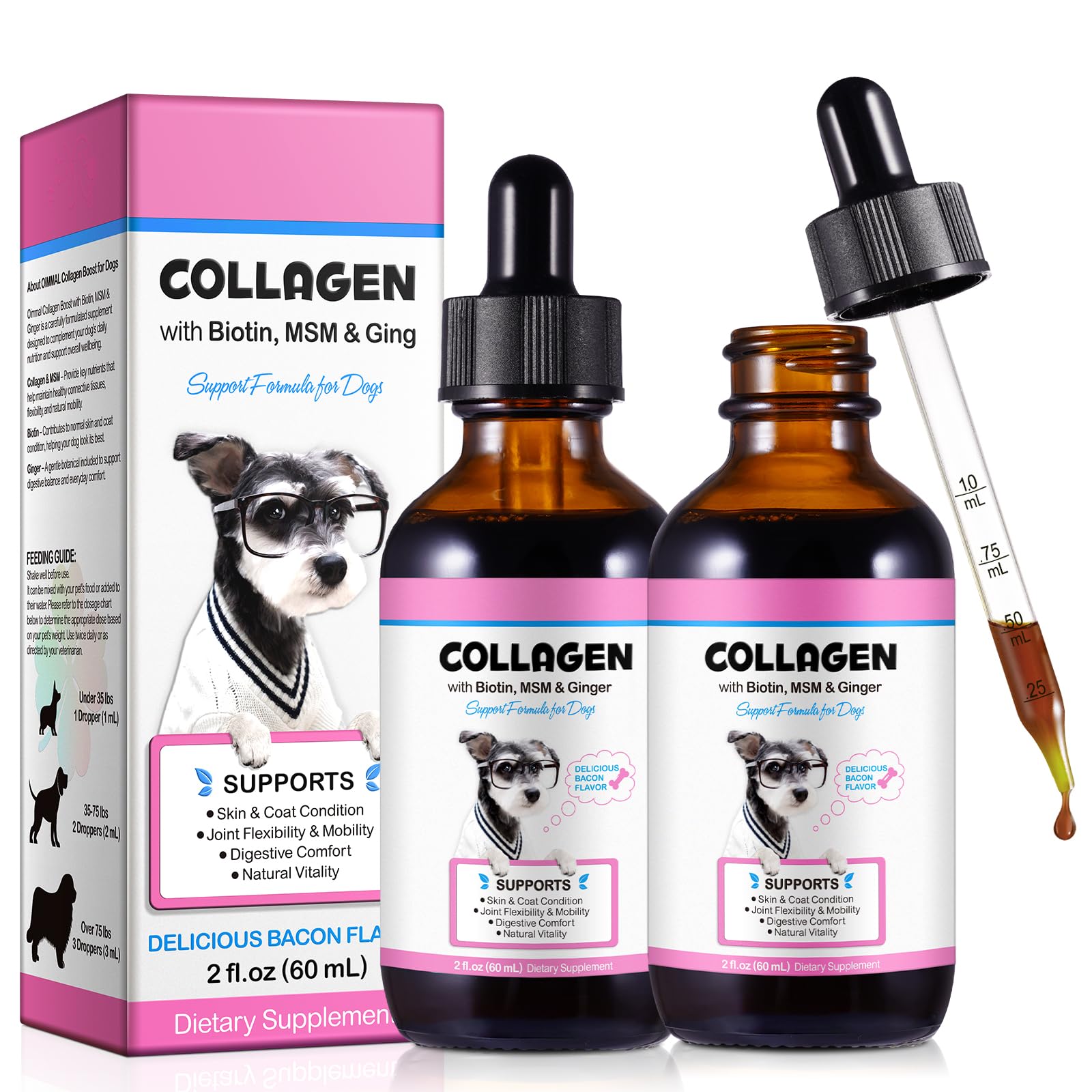 Liquid Collagen for Dogs - Bacon Flavor Collagen Drops with Biotin, MSM & Ginger | Supports Joint Health, Mobility & Skin/Coat | Promotes Comfort & Digestive Function | For All Breeds & Sizes | 2-Pack