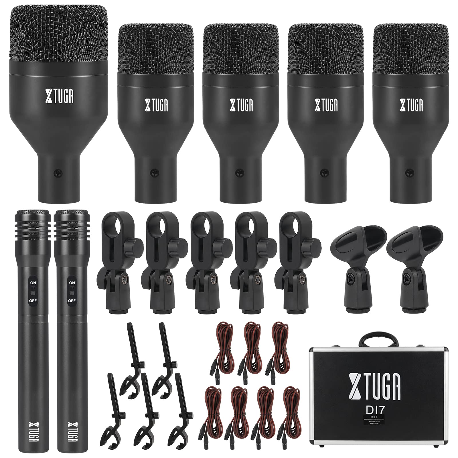 XTUGAInstrument Microphone DI7 7-Piece Wired Dynamic Drum Microphone Kit (Whole Metal) with 7 Audio Cables, Kick Bass, Cymbals Microphone Set Use for Drums, Other Instrument Complete with Thread Clip