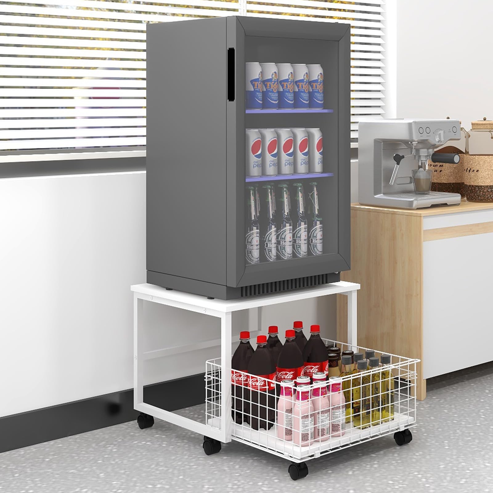 PUNCIA Support de Réfrigérateur Mobile avec Grande Capacité (Blanc) | Plateau de Mini Frigo Portable et Stockage Table avec 4 Roues Armoire Panier à Tiroir Roulant 50x50x43cm pour Chambre Cuisine