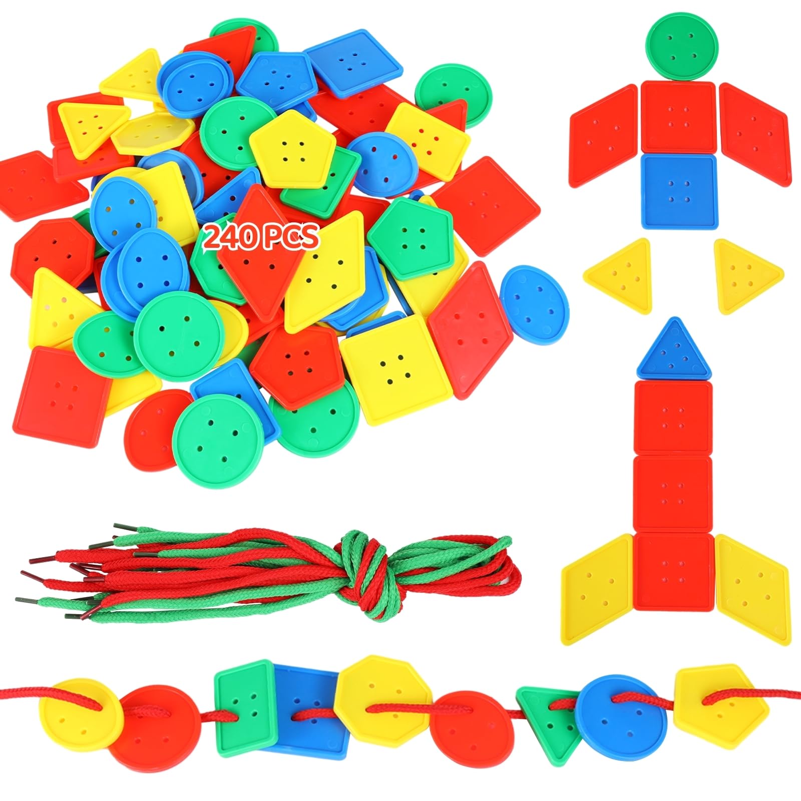 240 Stk. große bunte Knöpfe, geometrische Farbmix-Knöpfe für Kinder ab 3 Jahren, Set mit 30 geflochtenen Schnüren, Formen zum Sortieren für DIY-Bastelprojekte und handgemachte Geschenke