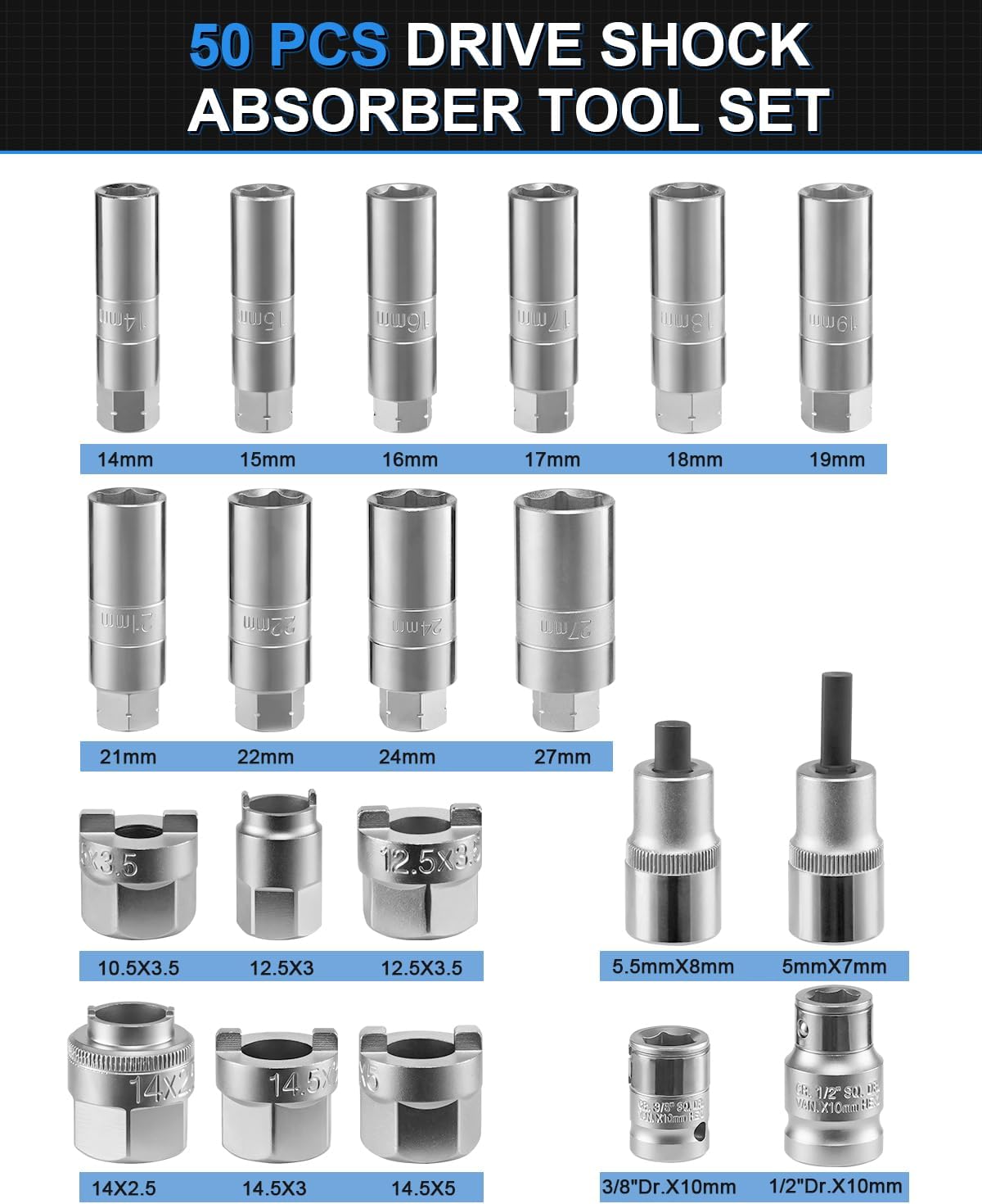 50 PCS Shock Absorber Strut Nut Removal Tool Steering Hub Suspension Strut Nut Socket Set Suspension Strut Spreader Tool Set Socket Wrench Set