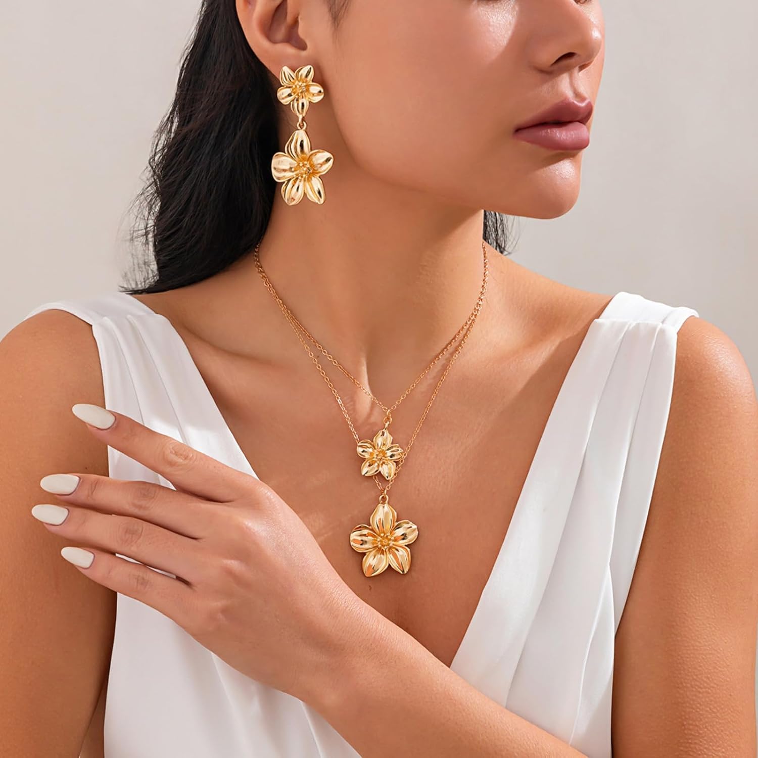 Frodete Large Double Flower Necklace Earrings Set for Women Chunky Gold Layered Floral Jewelry Boho Statement Necklace and Earrings Set - Image 2