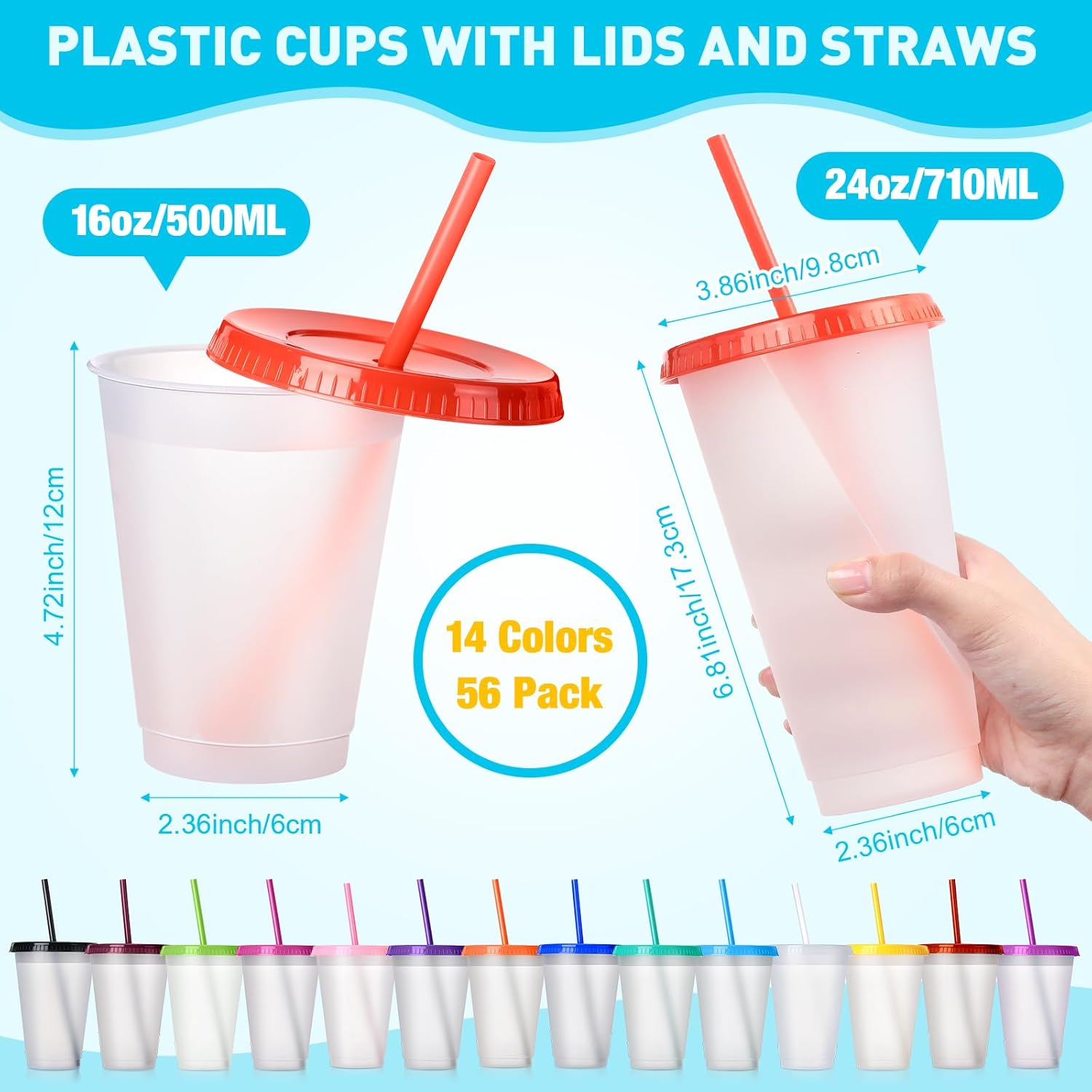 Hsei Reusable Plastic Tumbler with Straw and Lid Bulk -clear Plastic Cups with Lid and Straw for Iced Coffee Water Smoothie Water Bottle Travel Mug Cup for Birthday Party Gifts(56 Pack,24 oz, 16 oz) - Image 2