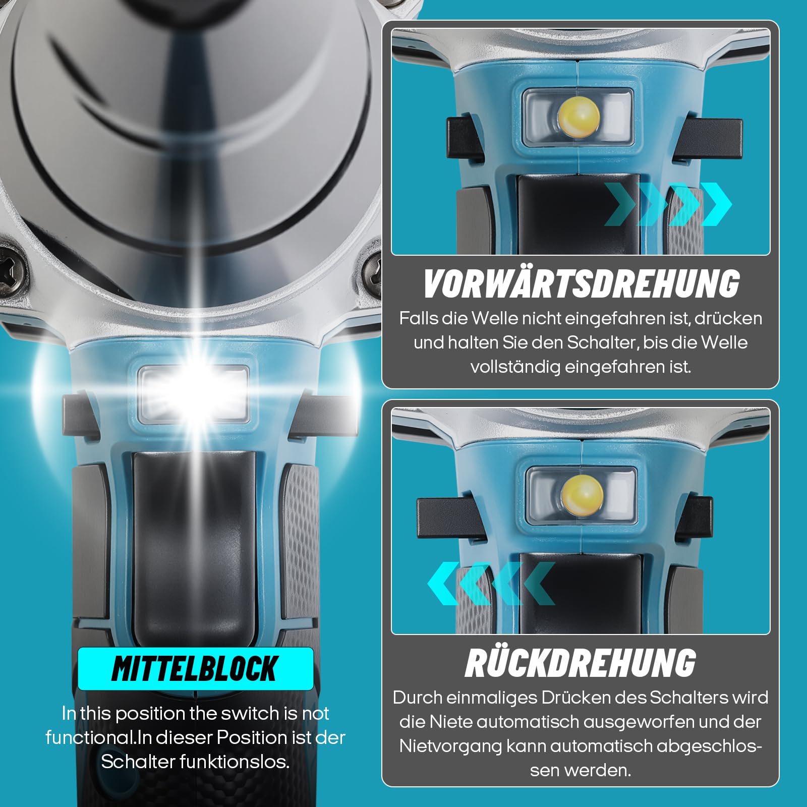 Maki-ta - Remachadora inalámbrica para batería de 18 V, pistola de tuerca remache inalámbrica de 20.000 N, pistola de remache eléctrica automática sin escobillas, para remaches de 3, 4, 5 mm, con 150