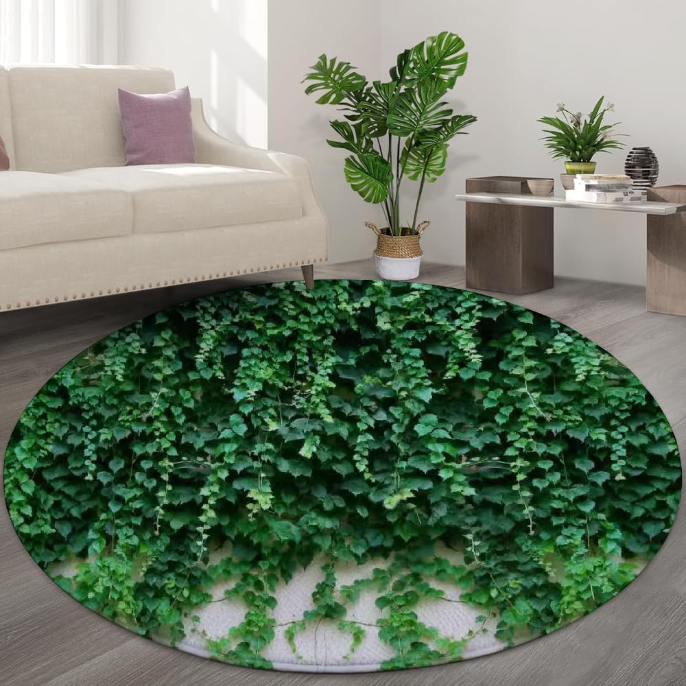 Tapis rond motif feuilles vertes imprimé 3D pour fauteuil de salon
