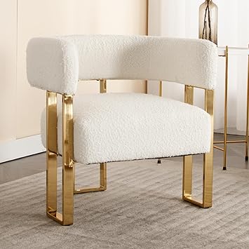 Barrel Accent Chair with Metal Frame Legs, Modern Boucle Fabric Living Room Chairs, Mid Century Upholstered Single Lounge Sofa Armchair for Living Room/Bedroom/Reading Room, White