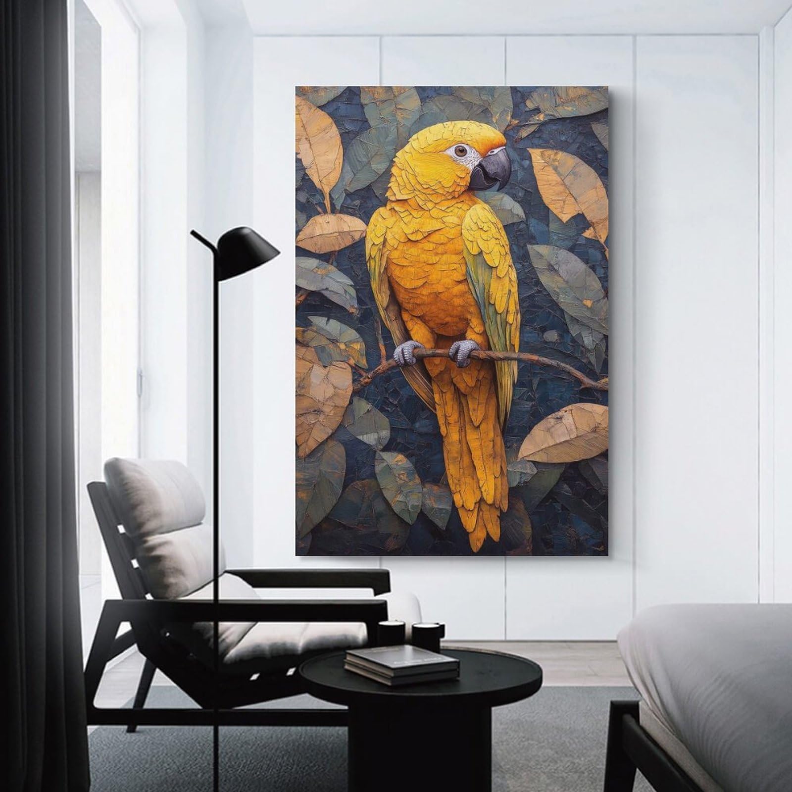 Junmoney Canvas Art Print Golden Parrot on Branch with Leaves, 16x24inch(40x60cm), for Office, Study Or Home Workspace, Home Office Artwork with Decorative Appeal