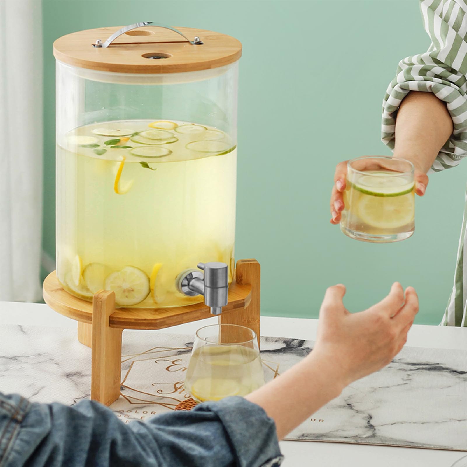 Grande dispenser per bevande in vetro con rubinetto e supporto in legno, capacità 11 l, dispenser per bevande calde e fredde per feste, bar, ristoranti