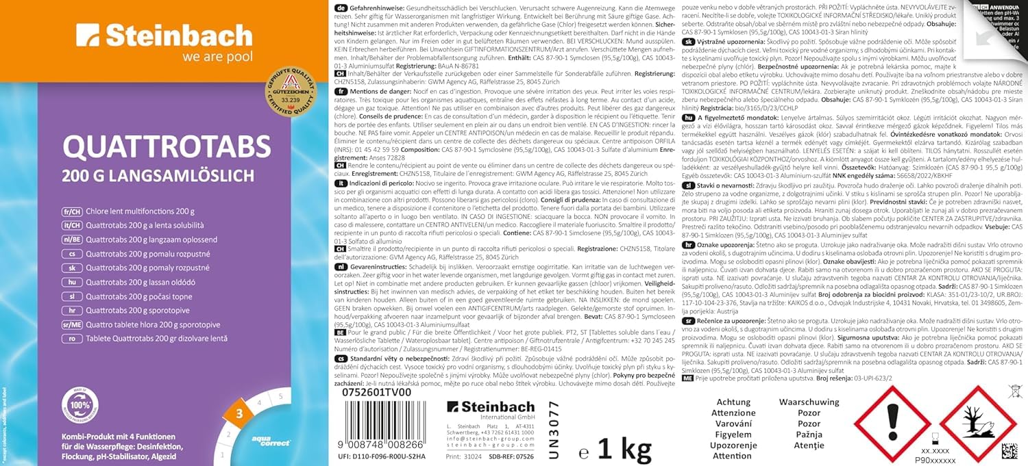 Steinbach Poolpflege Quattrotabs 200 g langsamlöslich - 0752605TD00-5 kg - 4-in-1 Chlortabletten mit Flockungsmittel - pH-Stabilisator & Algenverhütung - Multifunktionstabletten