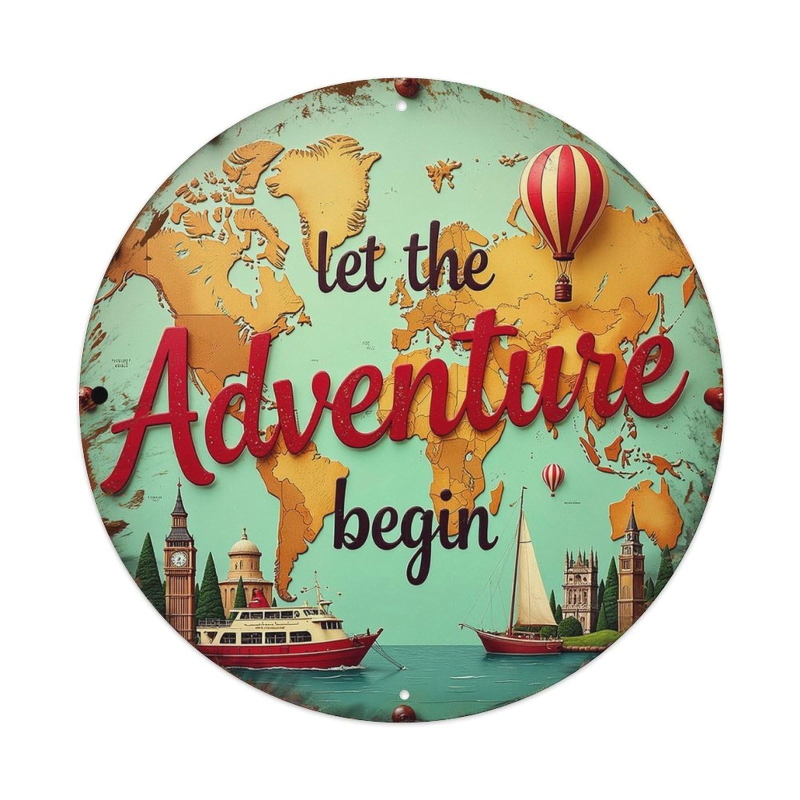 World Map Adventure Travel Sign Vintage Round Tin Sign Retro Metal Wall Decor Metal Poster, Home Bar Garage Cafe Wall Art Decoration 8x8Inches