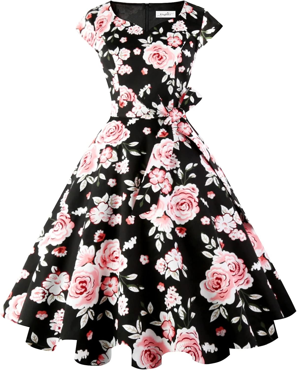 Kingfancy Women Vintage 1950s Dress Retro Cocktail Party Swing Dresses with Cap Sleeves