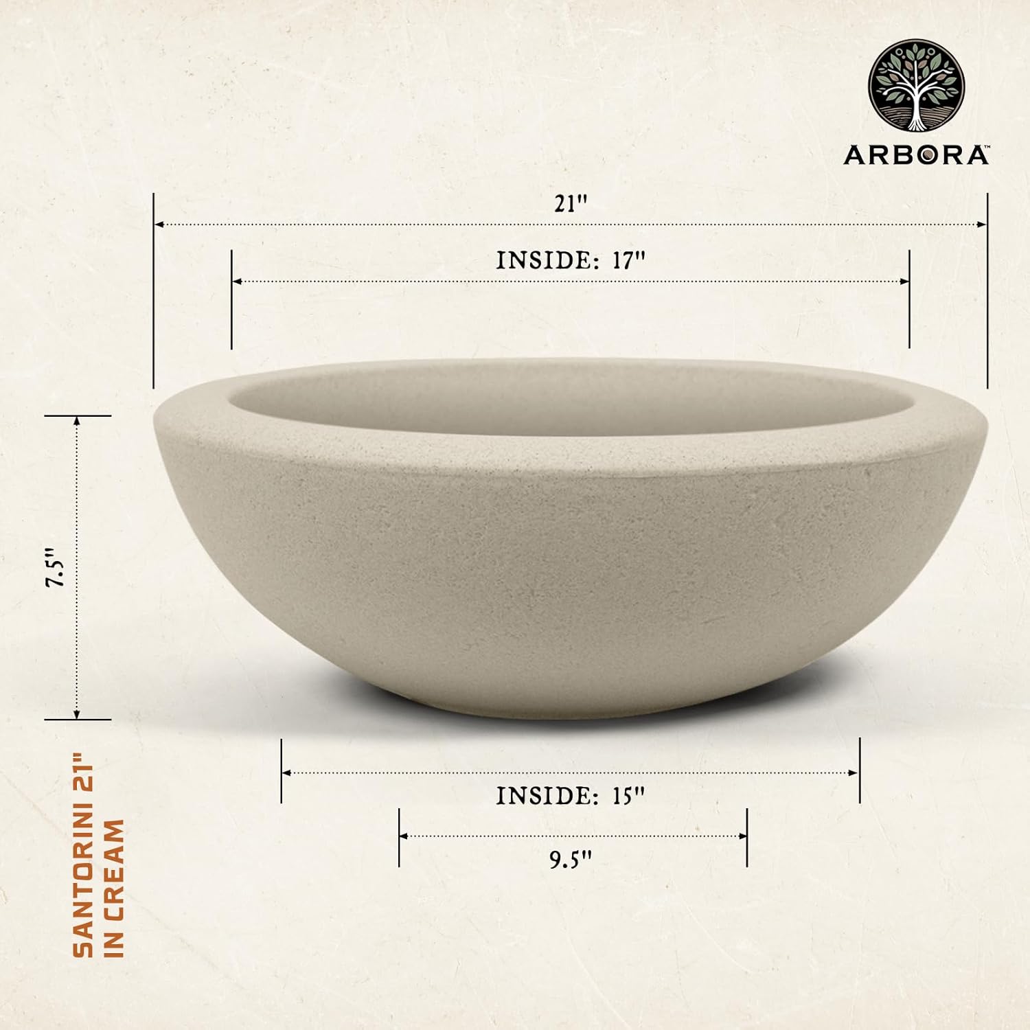 ARBORA 21" Santorini Bowl Polyresin Indoor and Outdoor Planter with Classic Cream Finish - Durable, Weatherproof, Lightweight, Large Plant Pot for Patio, Garden, Deck, Entryway Cream 21" Single