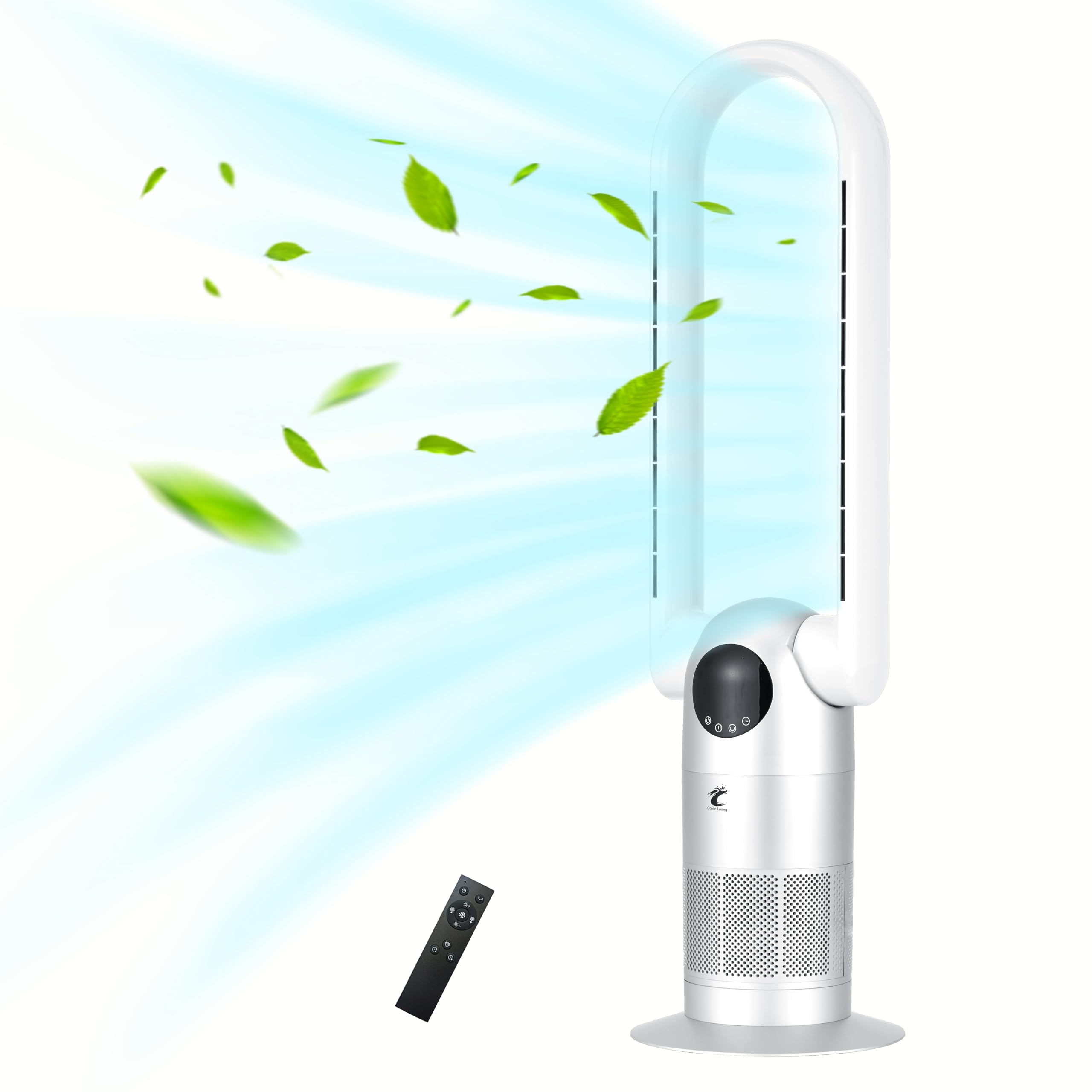 Ocean Loong Bladeless Tower Fan & HEPA Purifier in one, 90° Oscillating Bladeless Fan with Remote Control, Tilt Head, Timer, Floor Fans for Bedroom Home, 39inch, AC68P (Silver)