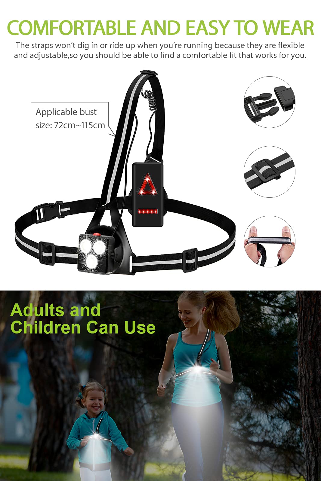 DAWINSIE Luce Corsa Ricaricabile USB, Running Light 3 Modi Impermeabile Sport All' Aria Aperta, Perfetto Lampada Corsa, con 360° Nastro Riflettente per Jogging, Campeggio, Corsa (Nero)