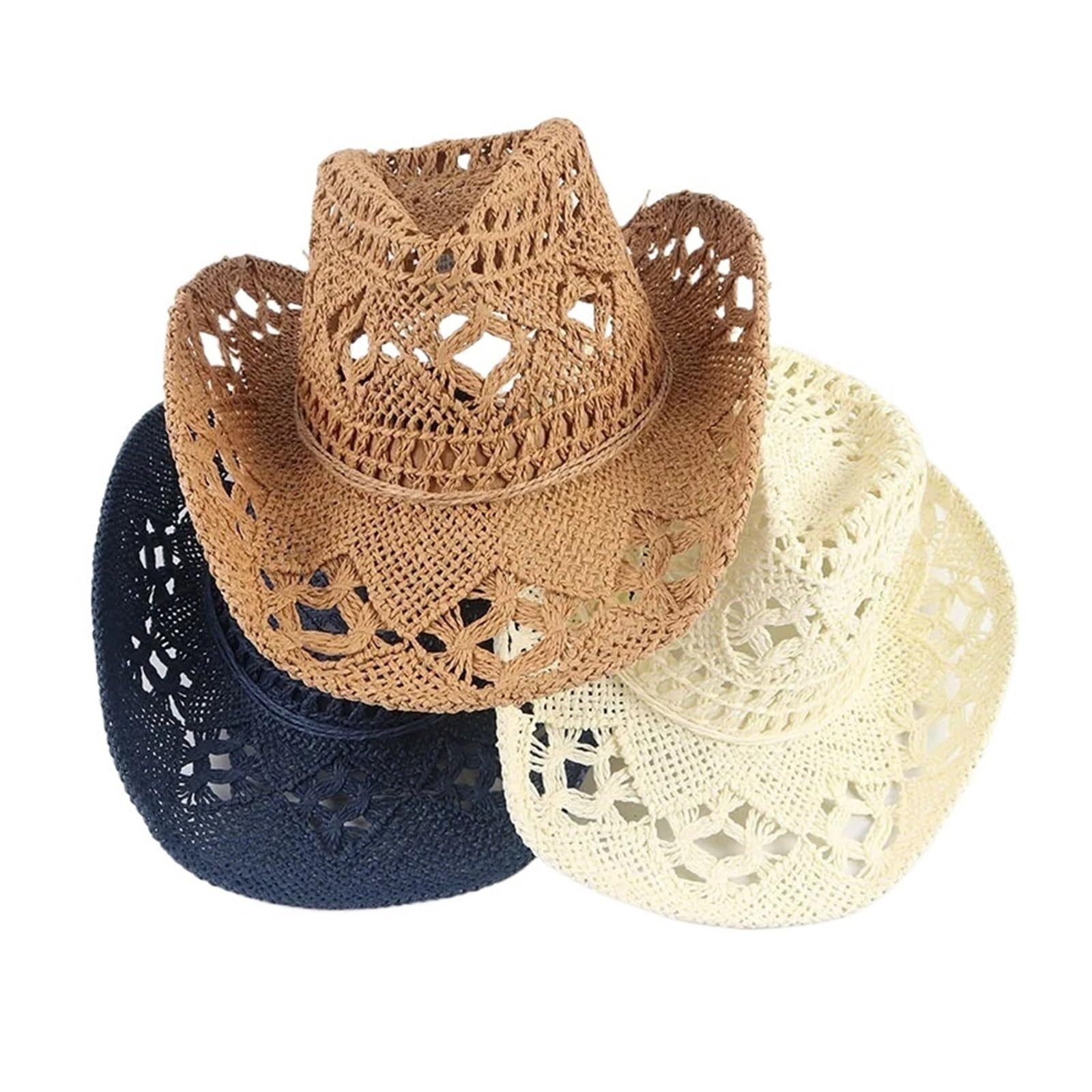 Sombreros de paja vaquero tejidos a mano for exteriores verano, gorra jazz playera transpirable ala ancha Para Halloween y Festivales