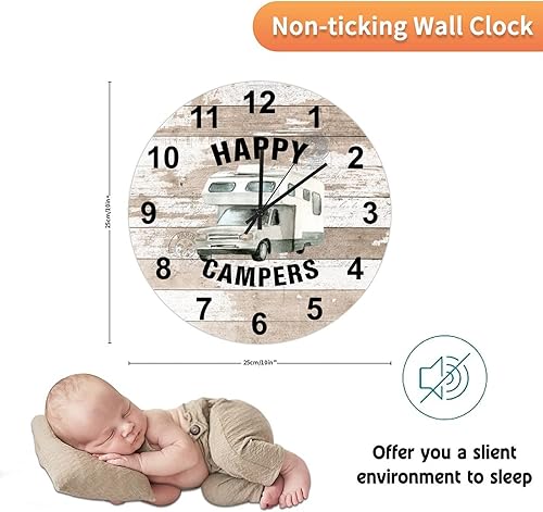 Miniatura 2 de UFunhome Reloj de pared de 10 pulgadas Happy Campers lindo caprichoso retro camper silencioso sin tictac decoración de cocina relojes de pared