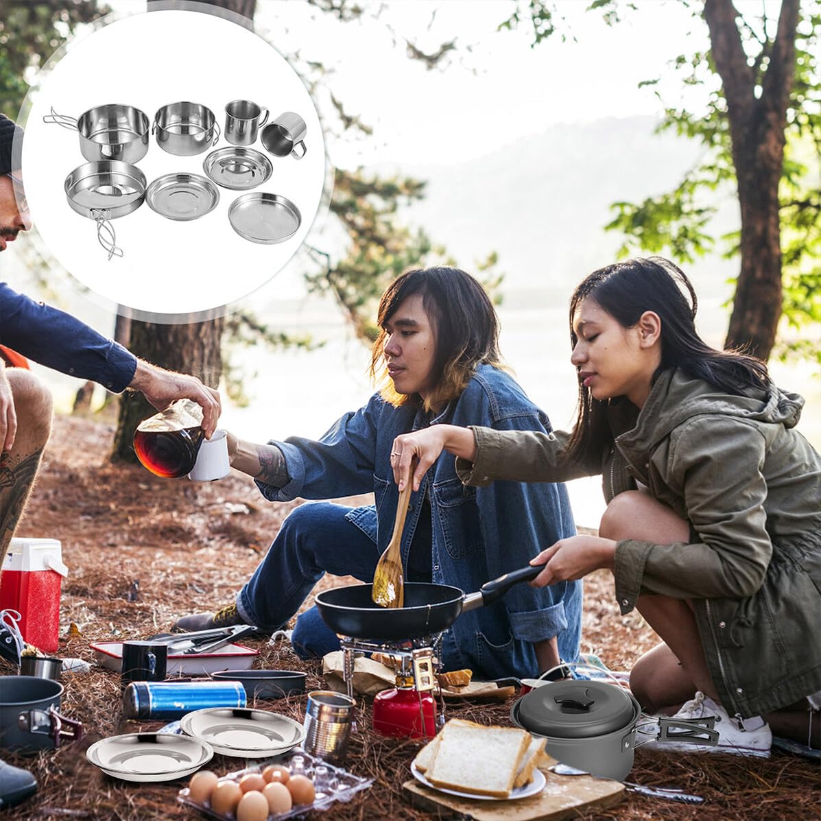 Zerodeko Ensemble Cuisine de Camping en Acier Inoxydable Poignées Pliables, Multi-Fonction, Comprenant Casserole, Poêle, Assiettes et Tasses pour Randonnée et Pêche