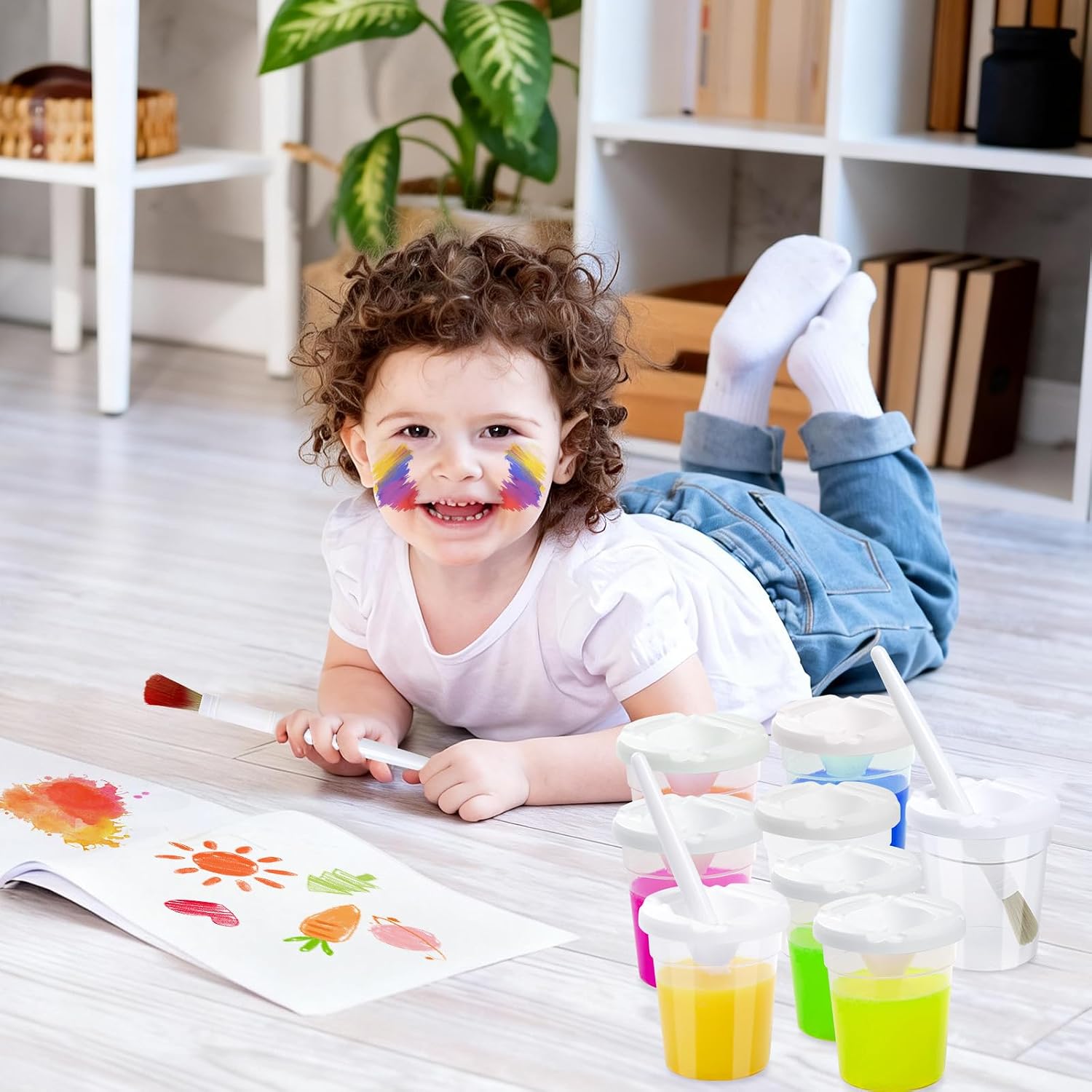 12 Sets No Spill Paint Cups with Lids and Painting Round Brushes Reusable Spill Proof Paint Cups for Kids Classroom Arts Crafts Supplies