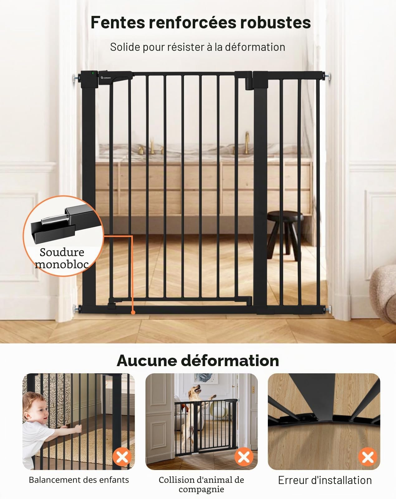 COMOMY Barriere de Securite Enfant Super Haute, 75-103cm Barriere Chien Escalier, sans Percage, Extensible, Fermeture Automatique, Monté sous Pression (Noir)