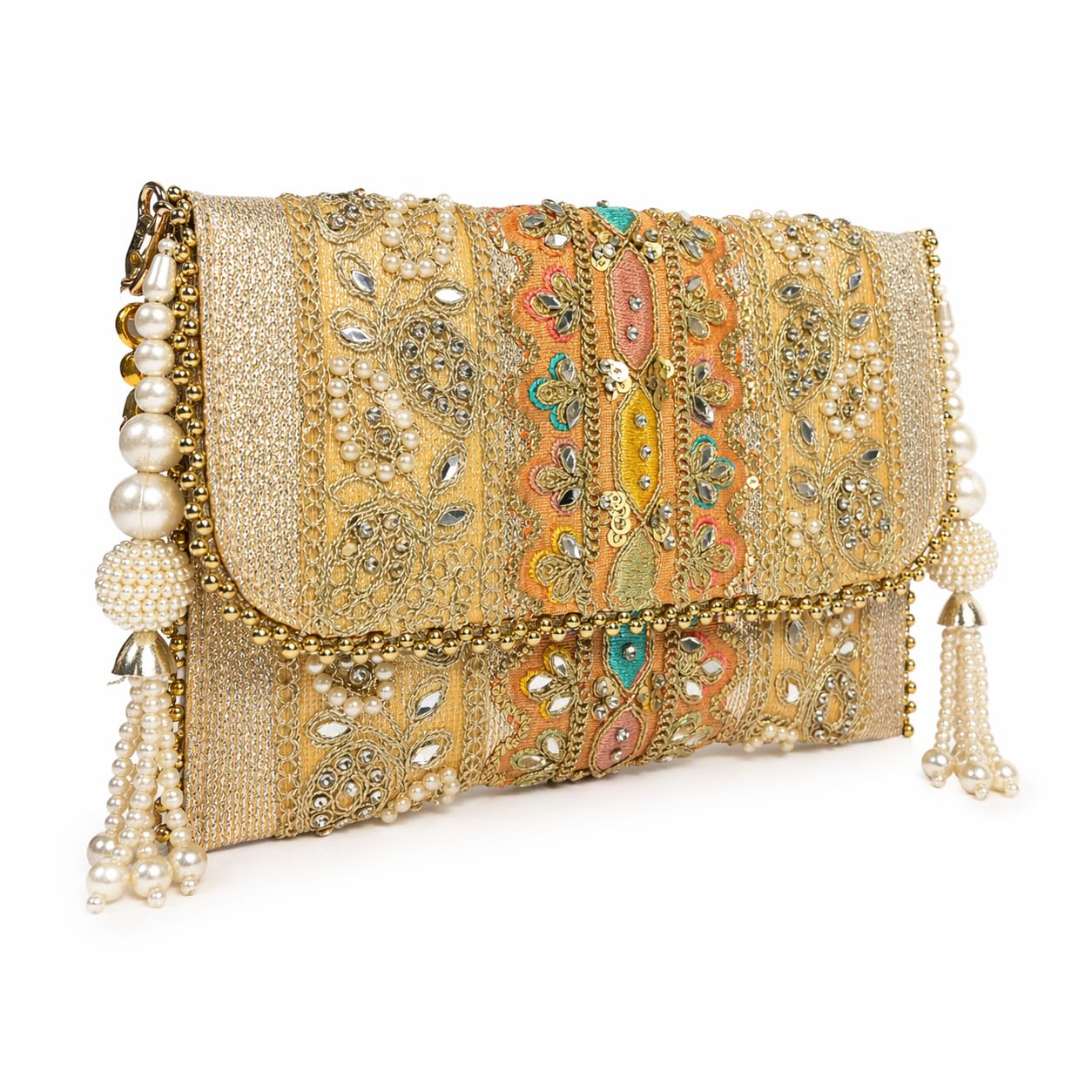 Clutch Bag for Women Gold Embroidered Hand Purse with Multicolor Orange Patch Design, Pearl Tassels, Ladies Foldover Bridal Clutch Purse for Wedding, Festive Occasion, Evening Function-image-0