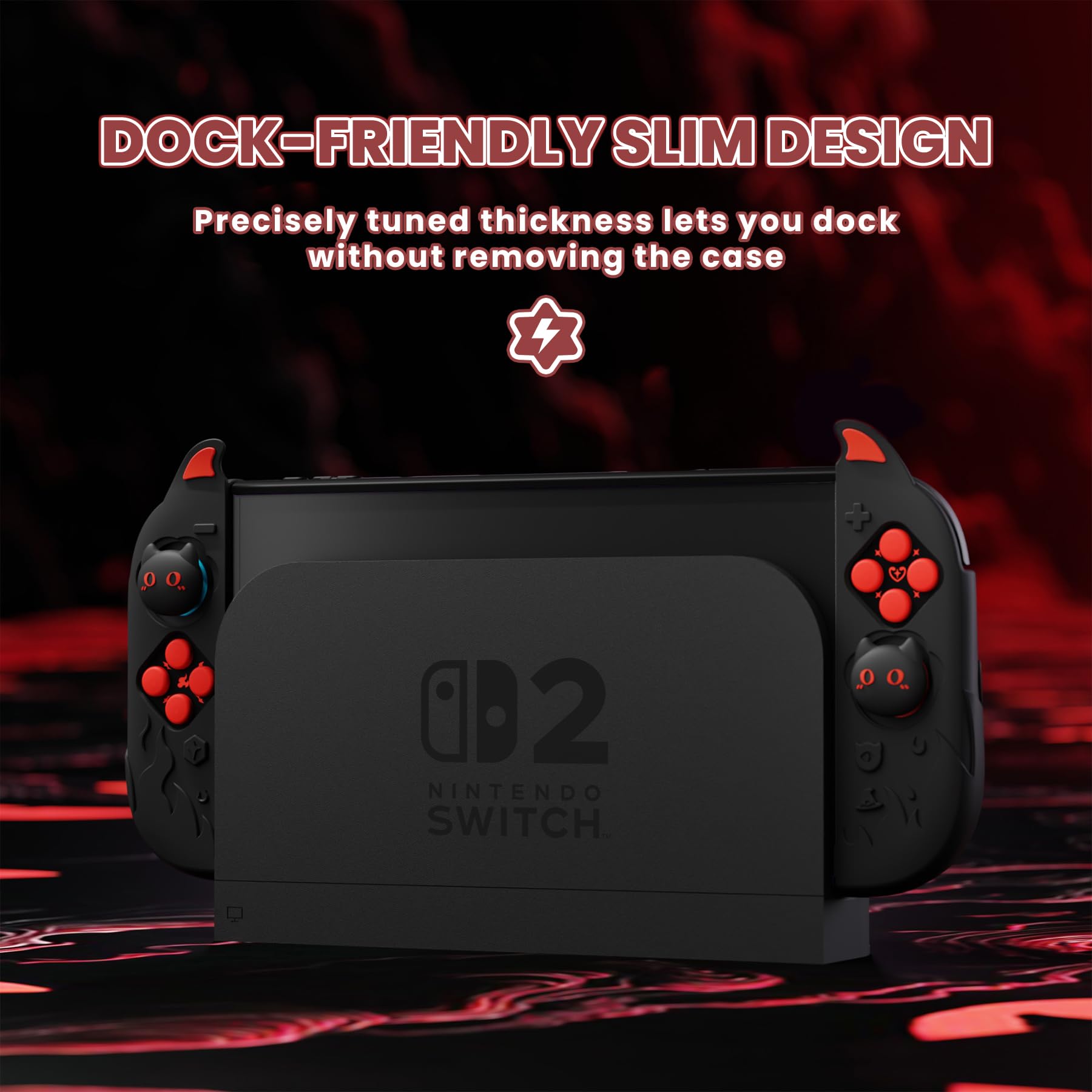 playvital Cute Demon Protective Shell for Nintendo Switch 2, Kawaii Anti-Slip Silicone Grip Cover + Dockable Hard Case for for Nintendo Switch 2 with Thumb Grips & Sticker, Shockproof - Black - 3