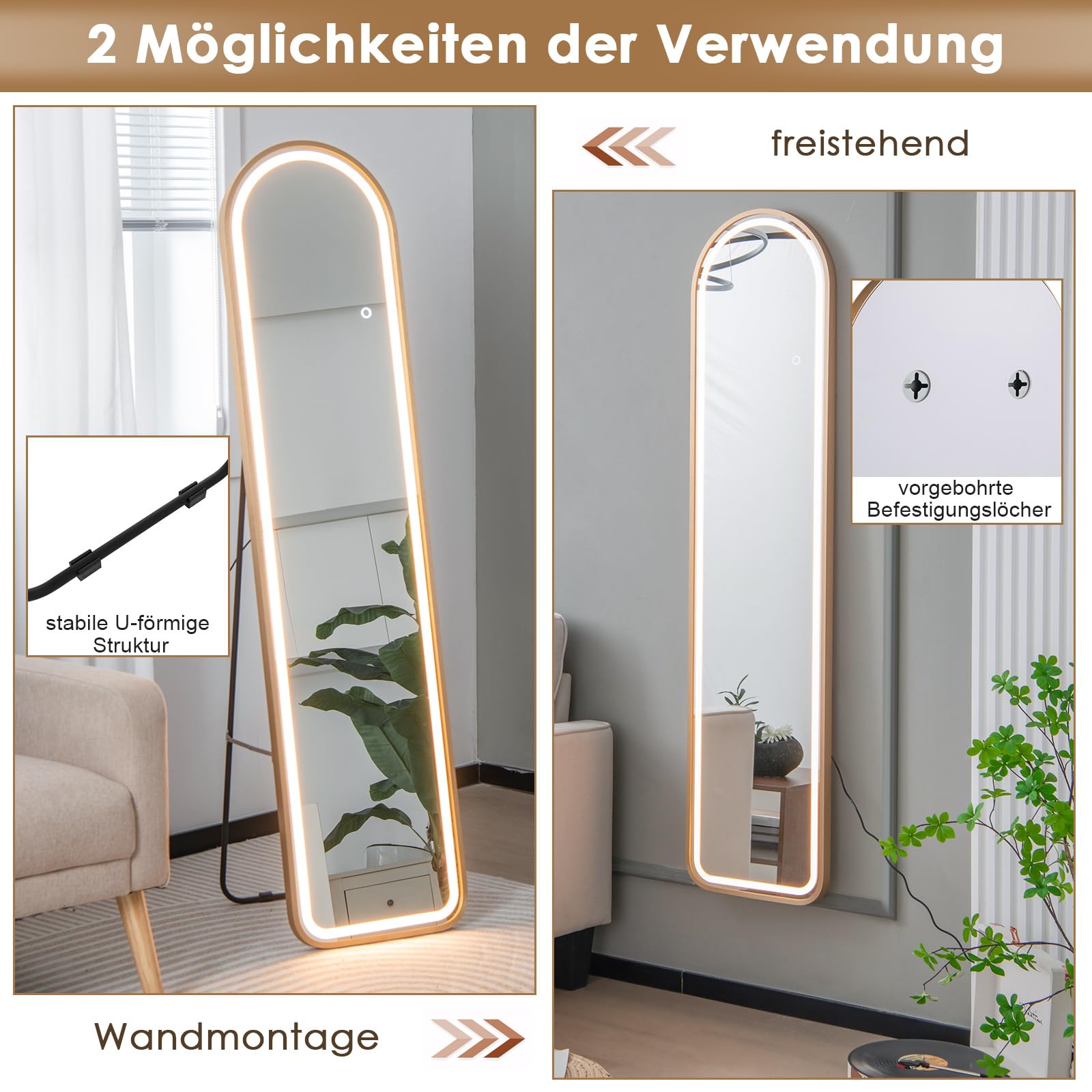 RELAX4LIFE LED Ganzkörperspiegel, 2-in-1 Standspiegel mit 3 Farben dimmbar, Wandspiegel mit Alu-Rahmen & Touch-Schalter, Spiegel für Wohnzimmer Schlafzimmer Eingangsbereich, 155 x 37 cm (Bogen)