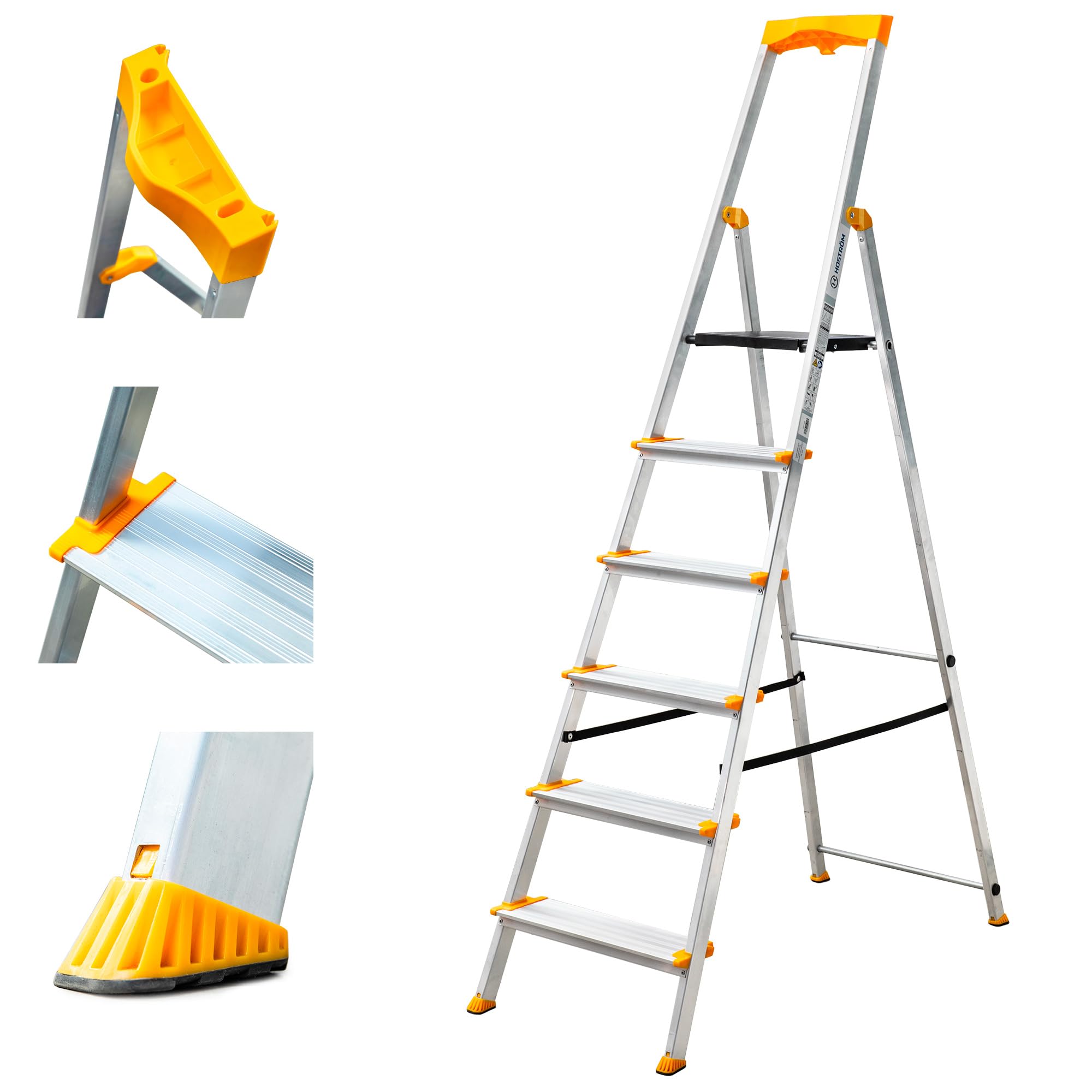 HOSTRÖM Escalera de 6 peldaños en Aluminio, Plegable y Segura, Bandeja portaherramientas, peldaños Anchos 12 cm, Uso doméstico y Pro, garantía 5 años.