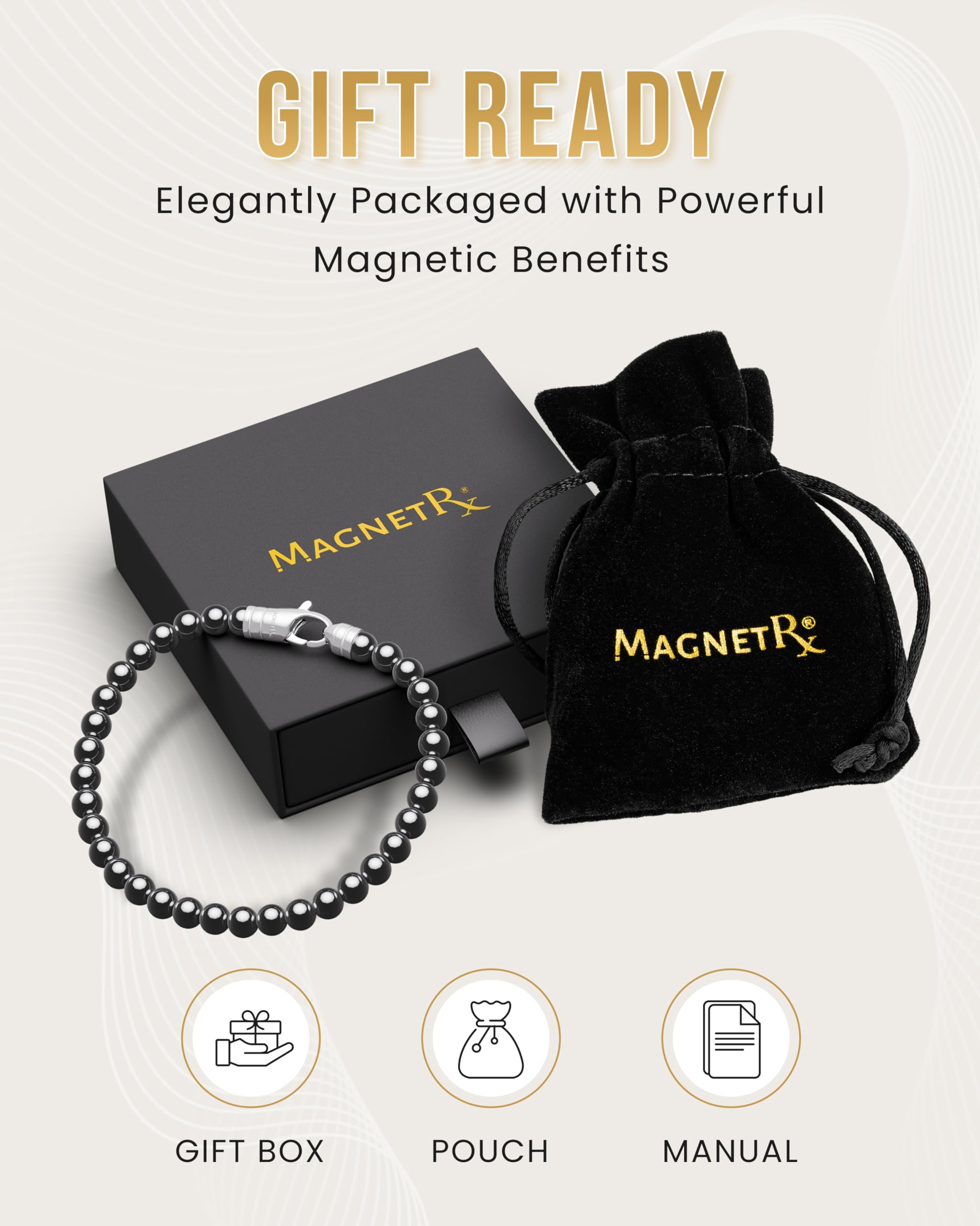 MagnetRX Bracelet Magnétique en Hématite, Force Maximale, Bracelet de Perles Magnétiques pour Homme et Femme, Style Classique Petit