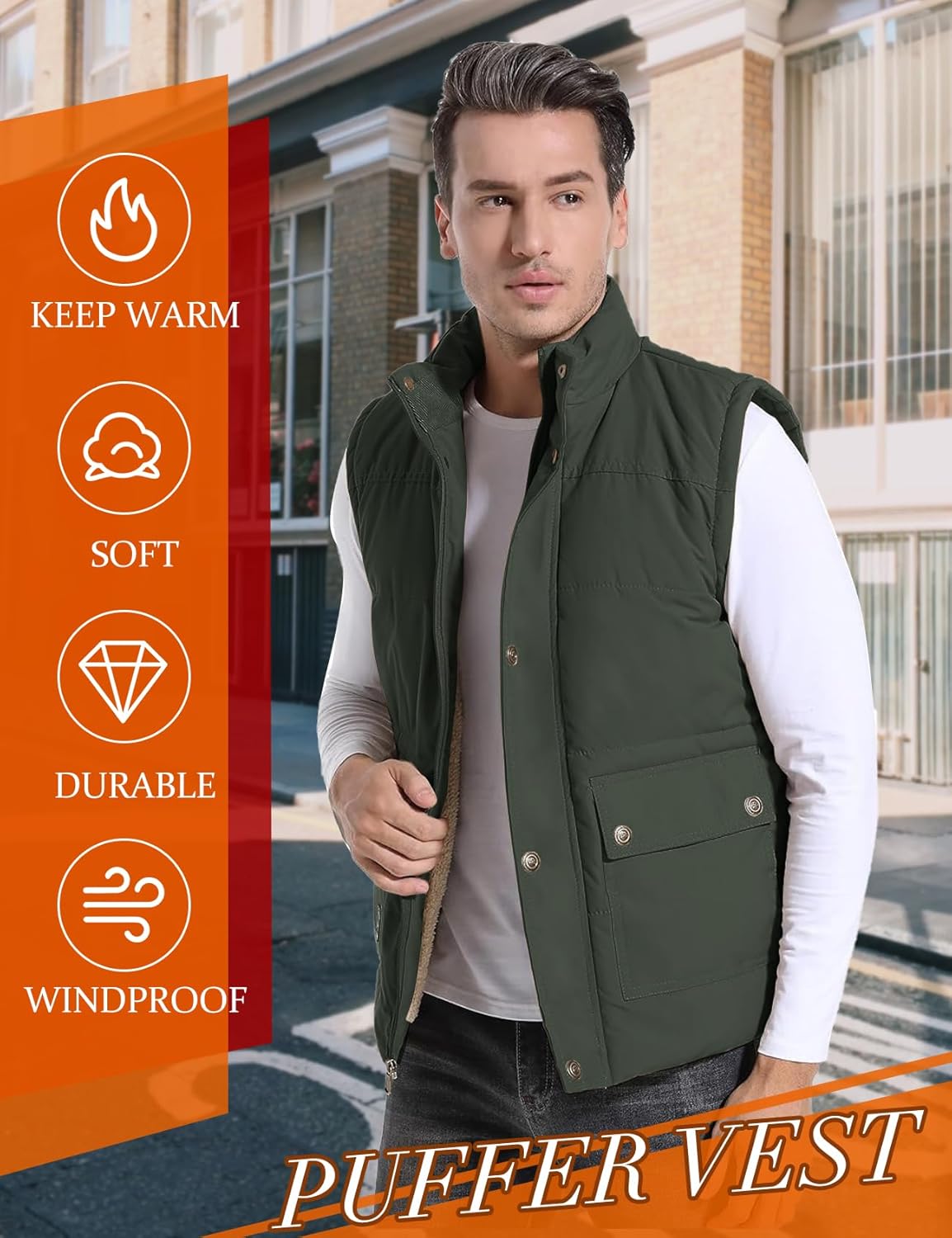 Flygo Men's Winter Warm Outdoor Padded Puffer Vest Thick Fleece Lined Sleeveless Jacket - Image 5
