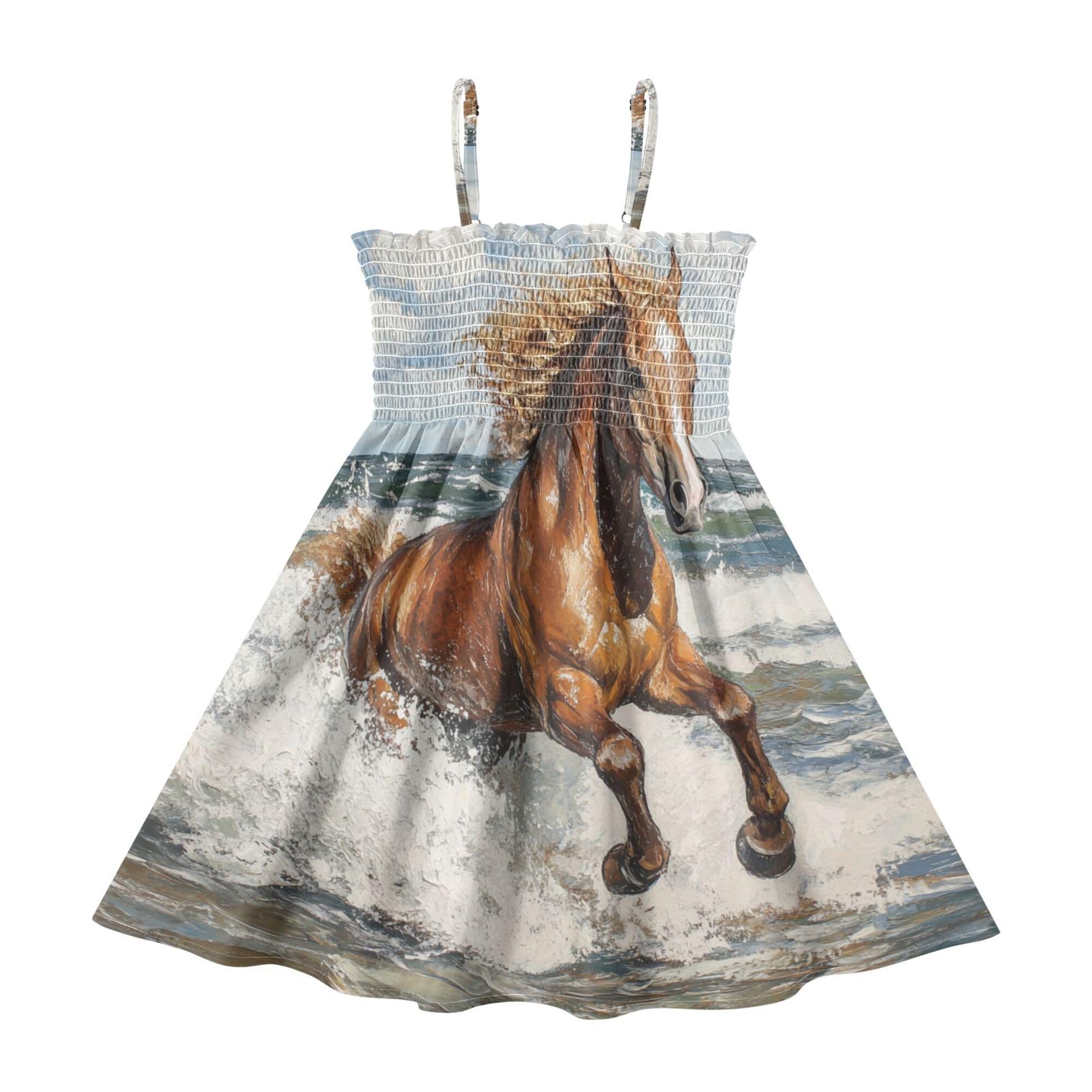 Animal Horse Running in Ocean Girls Sundress Girls Strap Dresses Casual Dress 2T-8T