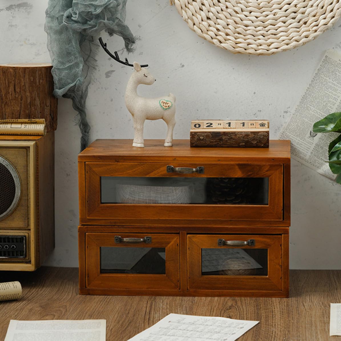 Cassettiera Scrivania Vintage in Legno e Ferro, Ripiano Monitor