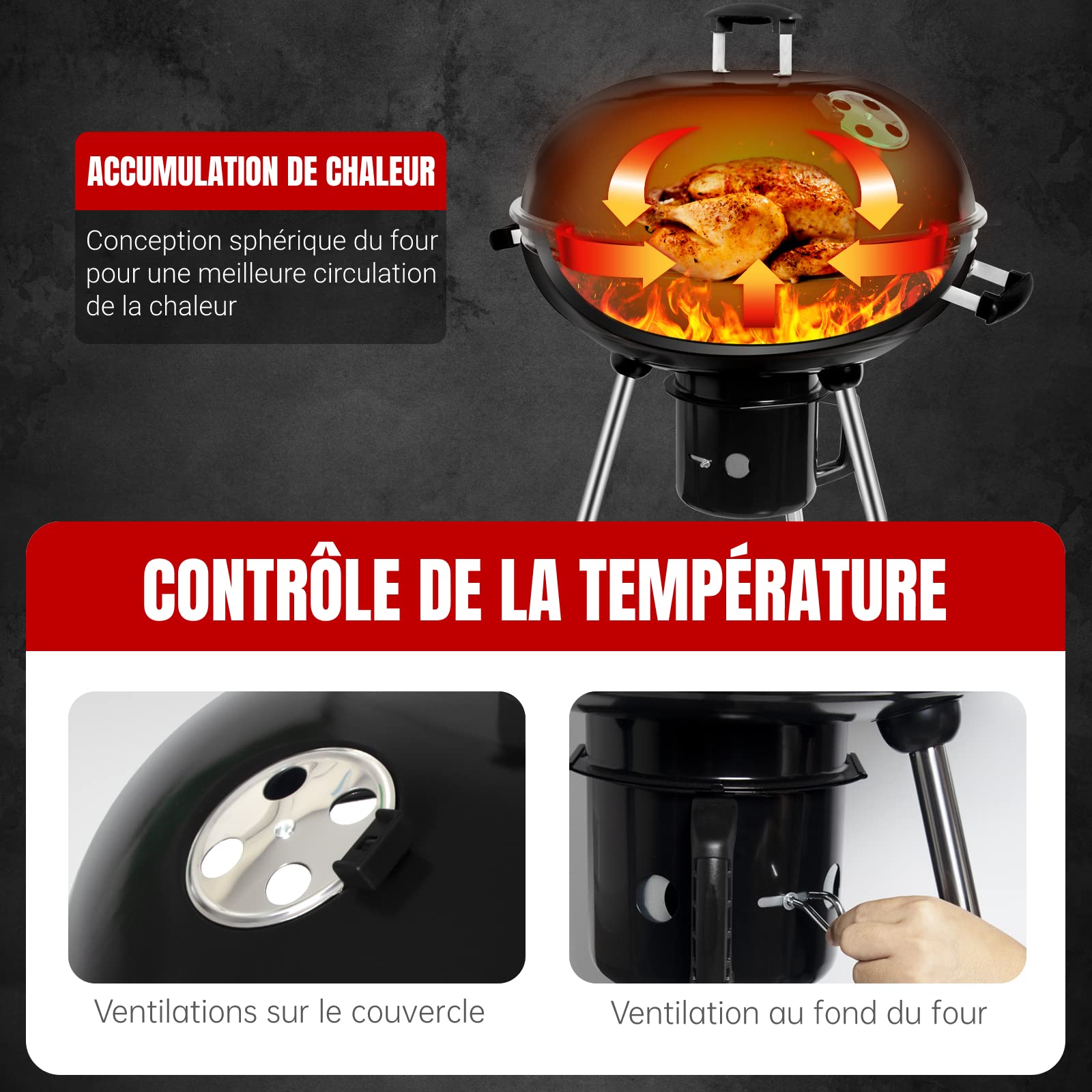 Barbecue à Charbon Rond dia. 57cm BBQ Mobile Barbecue Grill Portable de Jardin, avec Couvercle et 2 Roues - 60 * 57 * 82cm