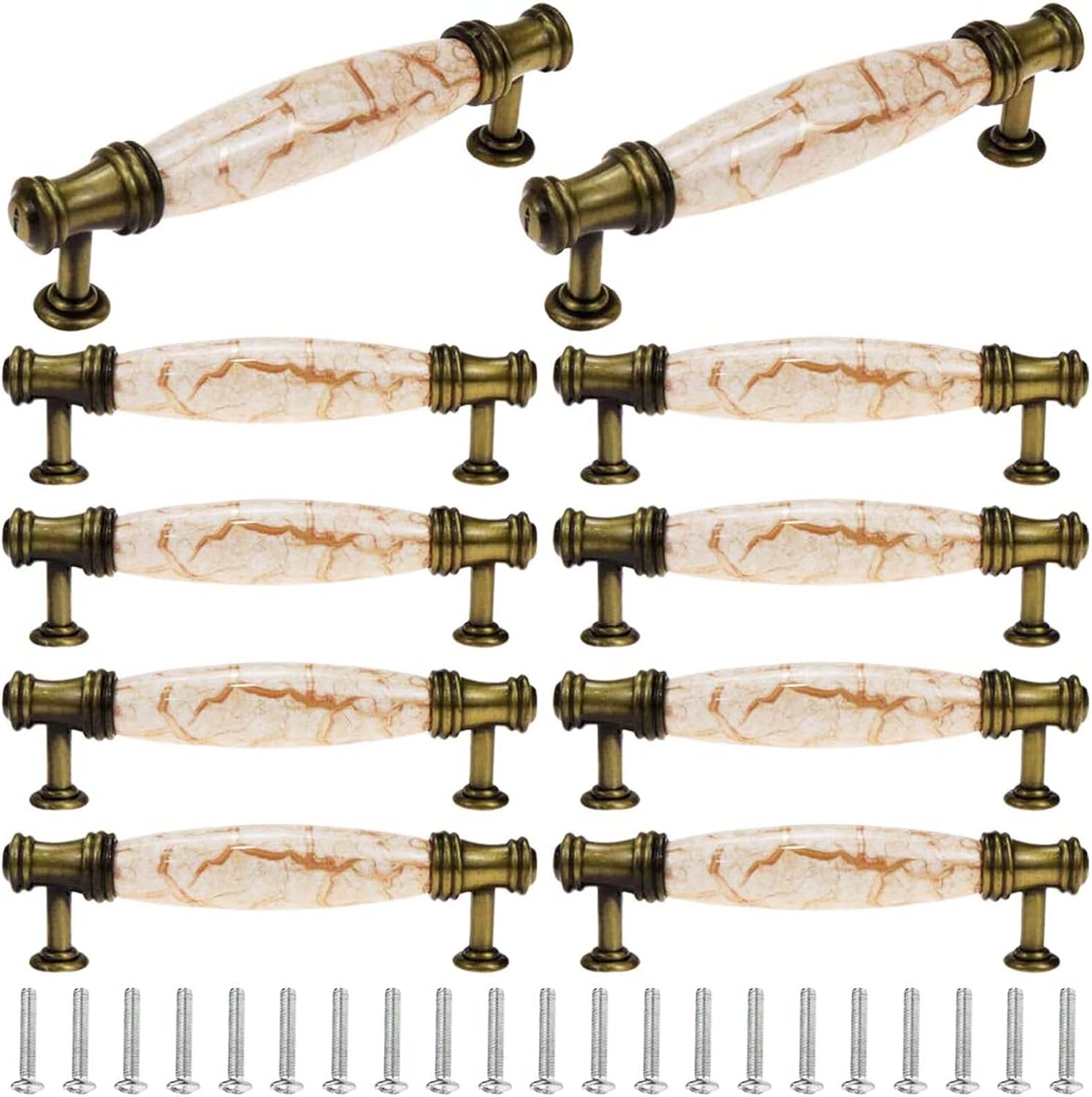 FarFarBoat 10Pcs Antique Bronze Porcelain Drawer Pulls Ceramic Cabinet Hardware 3.8 Inch(96mm) Hole Center Graceful Pattern Handles for Kitchen Bathroom Dresser Closet Cupboard with Mounting Screws