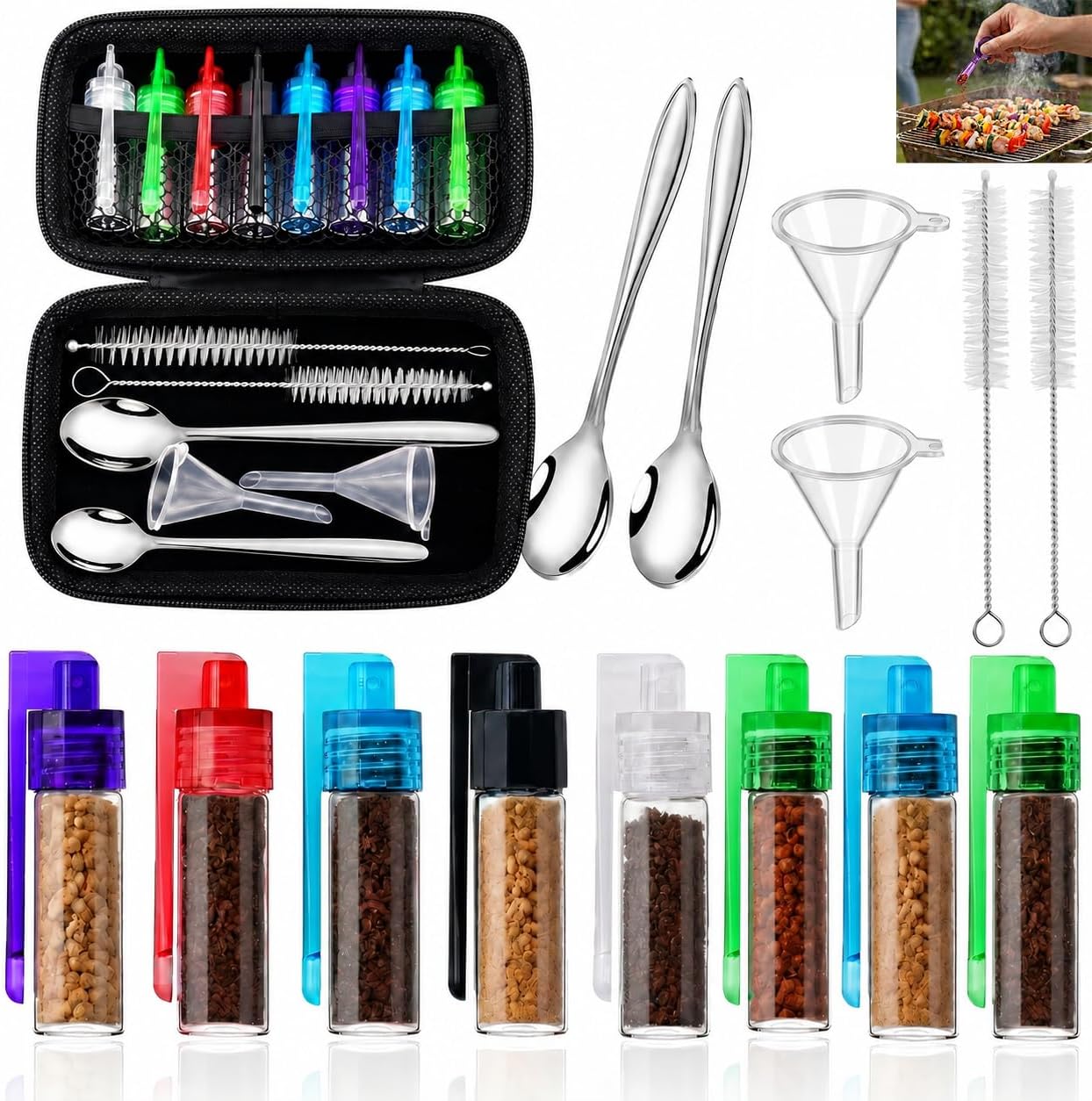 Mini Spice Containers with Spoon, Leakproof Glass Travel Spice Kit with Shatterproof Hard Case 15-Pack, Airtight Seasoning Vials (0.55in Width) for Lunch Bag, Office, Picnic and Camping