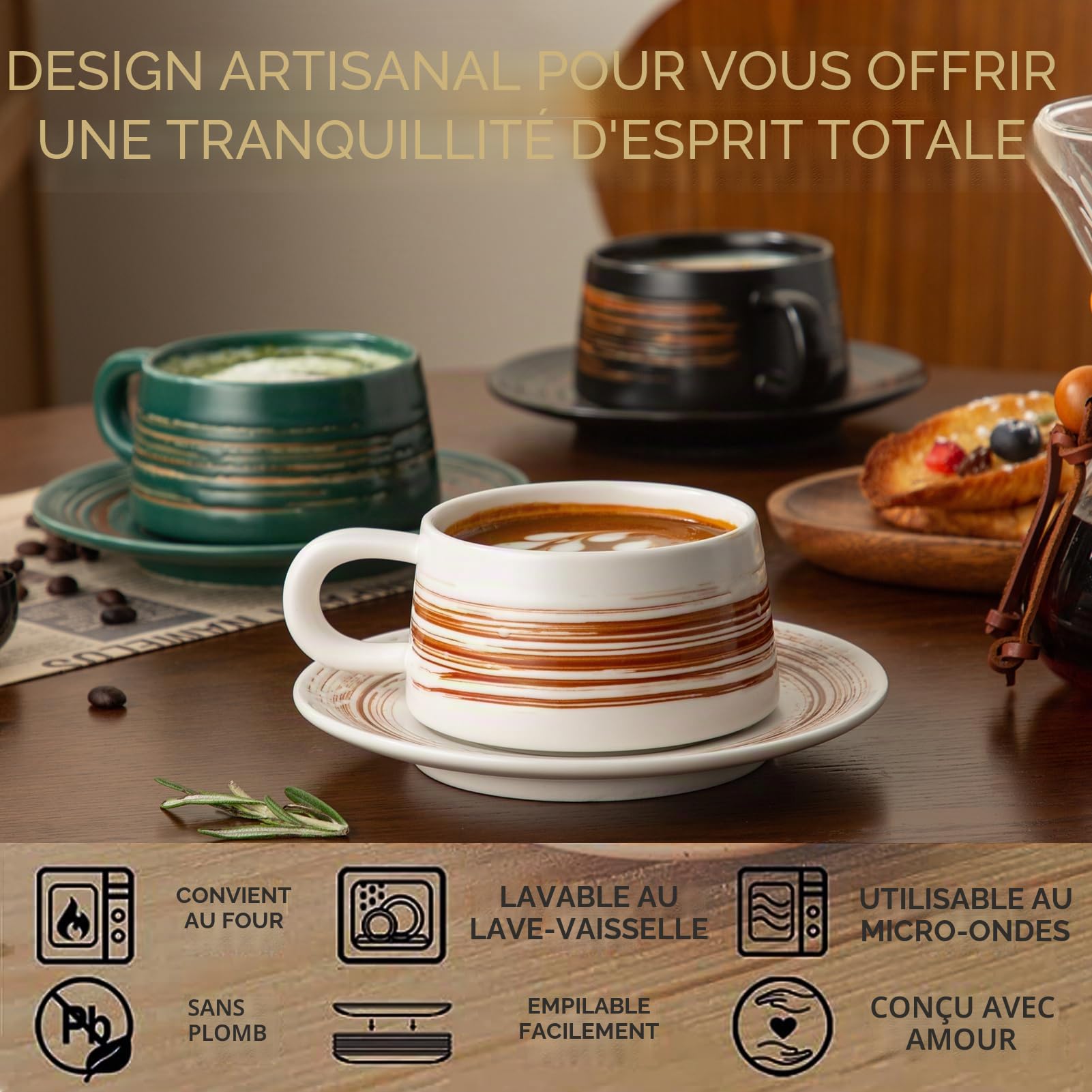 YUN TAO Lot de 4 Tasses a Cafe en Ceramique 236 ml avec Soucoupes Style Italien Traditionnel Grande Poignee Pour Cappuccino Espresso Lait et The Ideales pour la Maison et le Cafe