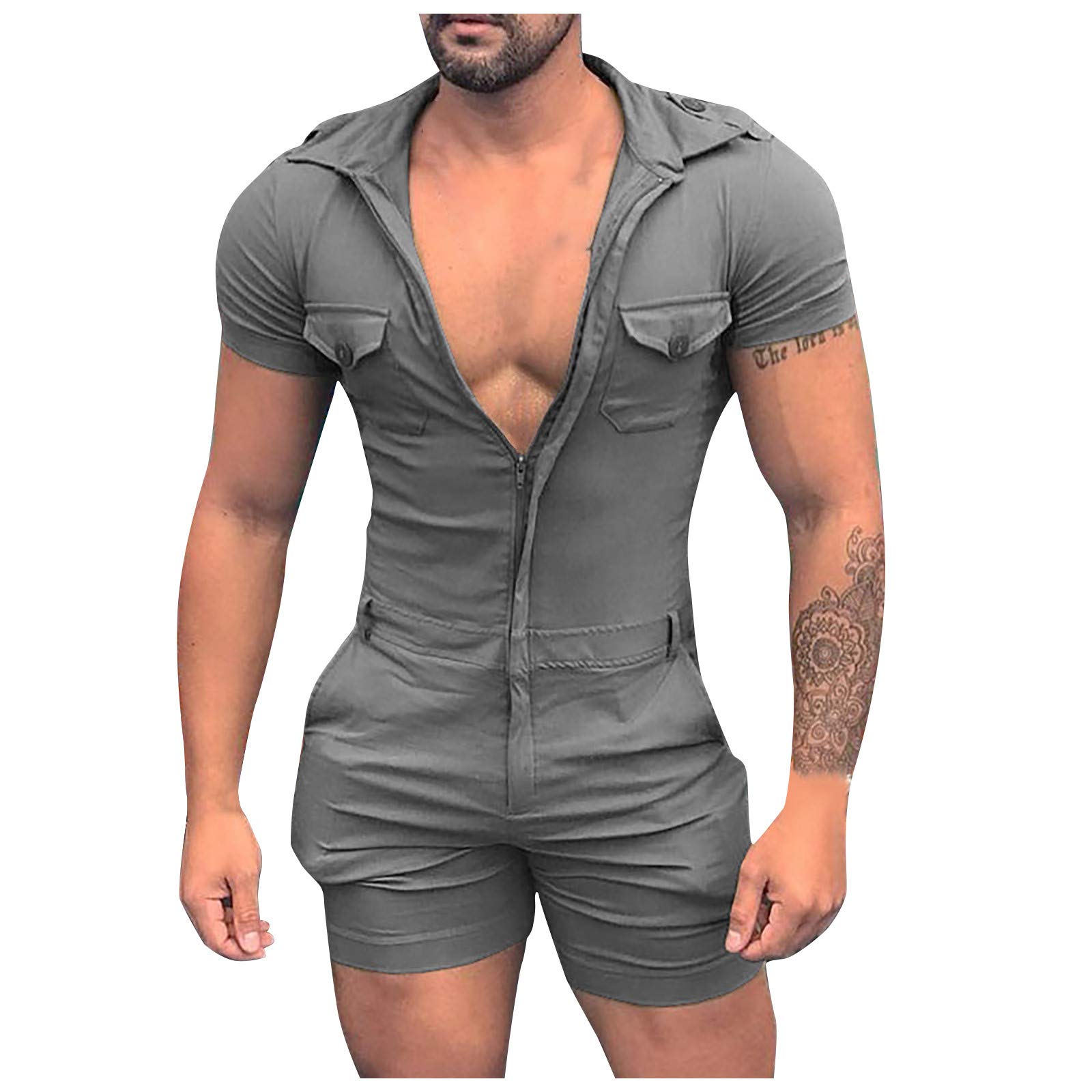 Homme Pyjamas Sexy sous-Vêtements Transparent Combinaison D'été pour Hommes Short à Manches Courtes avec Fermeture à Glissière Ouverte Short Érotique Hot