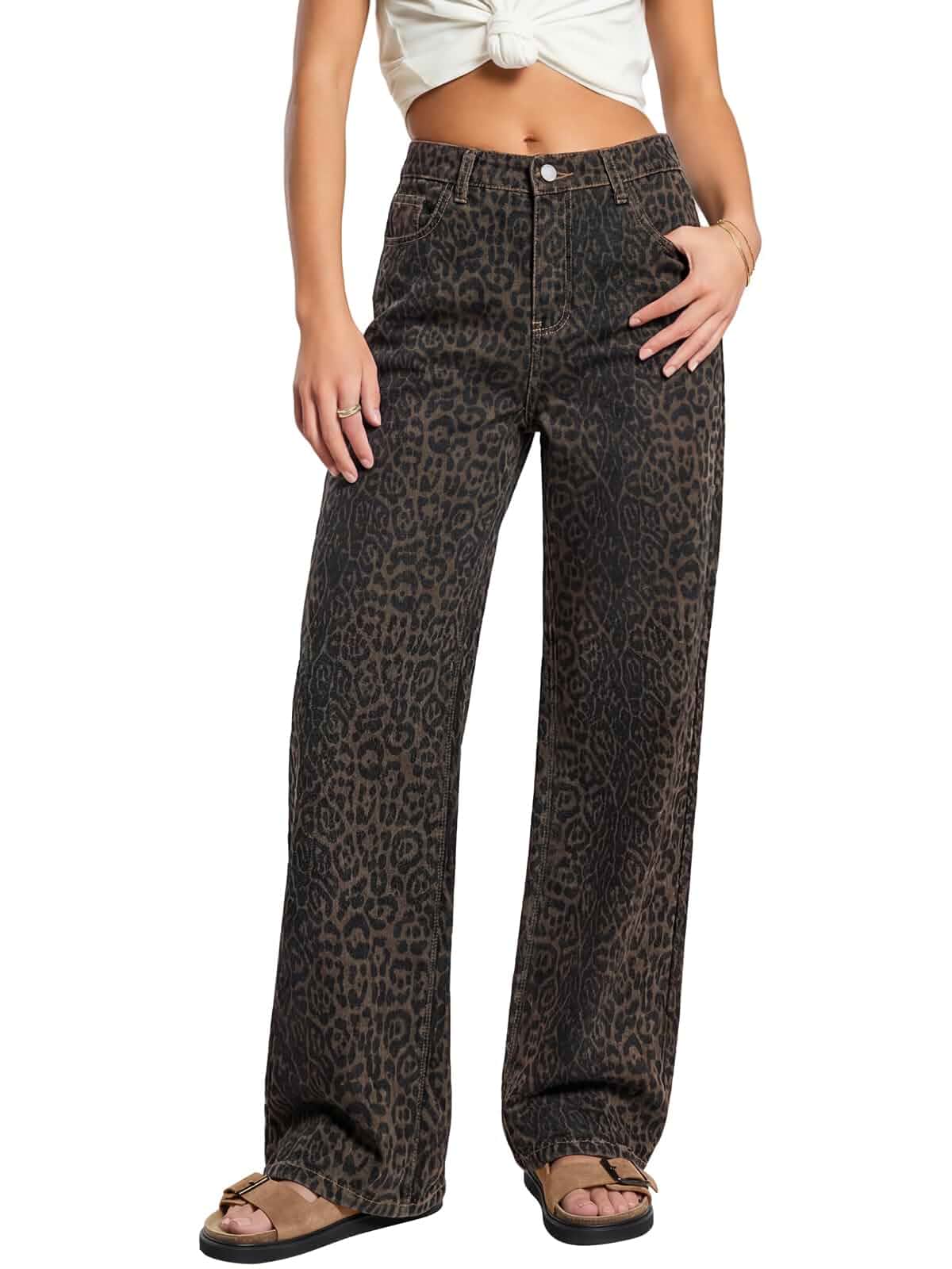 Baggy Jeans Womens High Waisted Leopard Print Jeans Wide Leg Denim Pants Cheetah Printed Pants Loose Fit Y2k Vintage Style Trousers, Casual Outfit Trendy Street Wear, Without Sagging All Day Long
