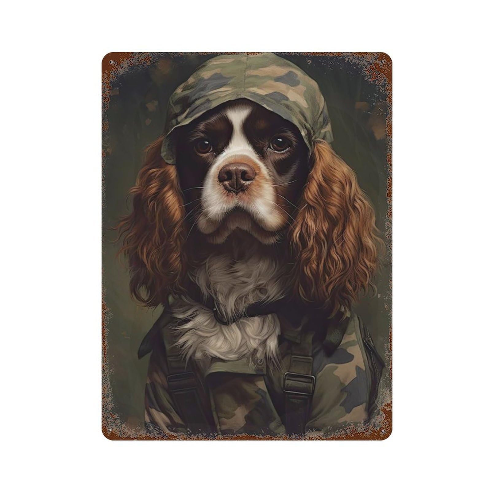 Cavalier Dog Camo Jacket Decorative Tin Sign 15.7"x11.8", for Bistro, Counter And Cafe Decor, Novelty Wall Decor