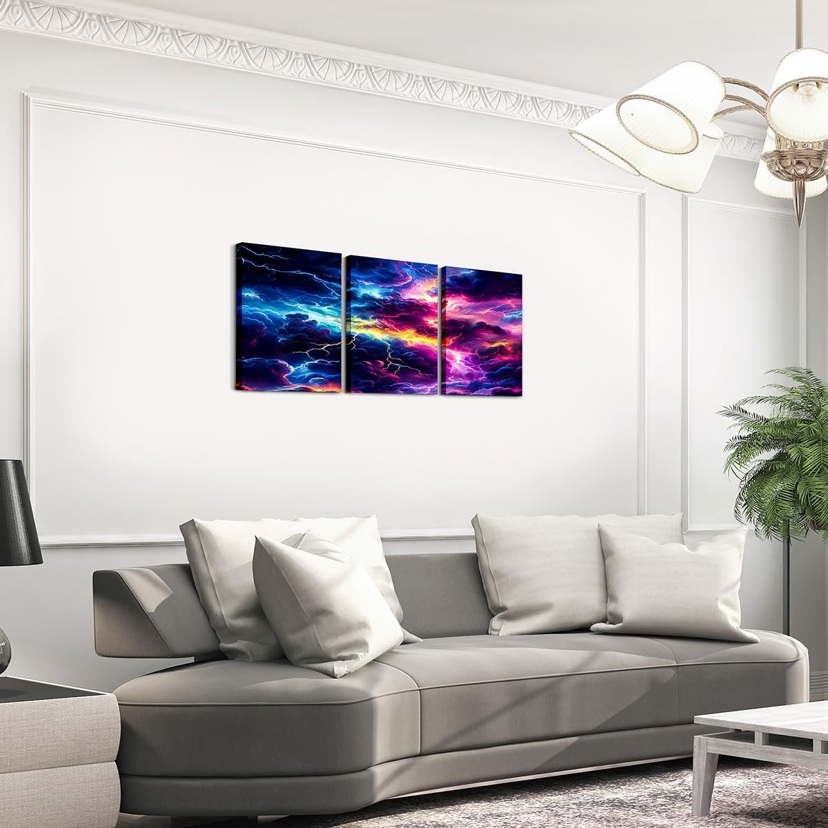 Feelyou Lightning Canvas Wall Art for Living Room Bedroom 12"x16"x 3Pcs Outer Space Picture Wall Decor Lightning Bathroom Wall Art for Home Decor Dark Clouds Geometric Stripe Wall Painting