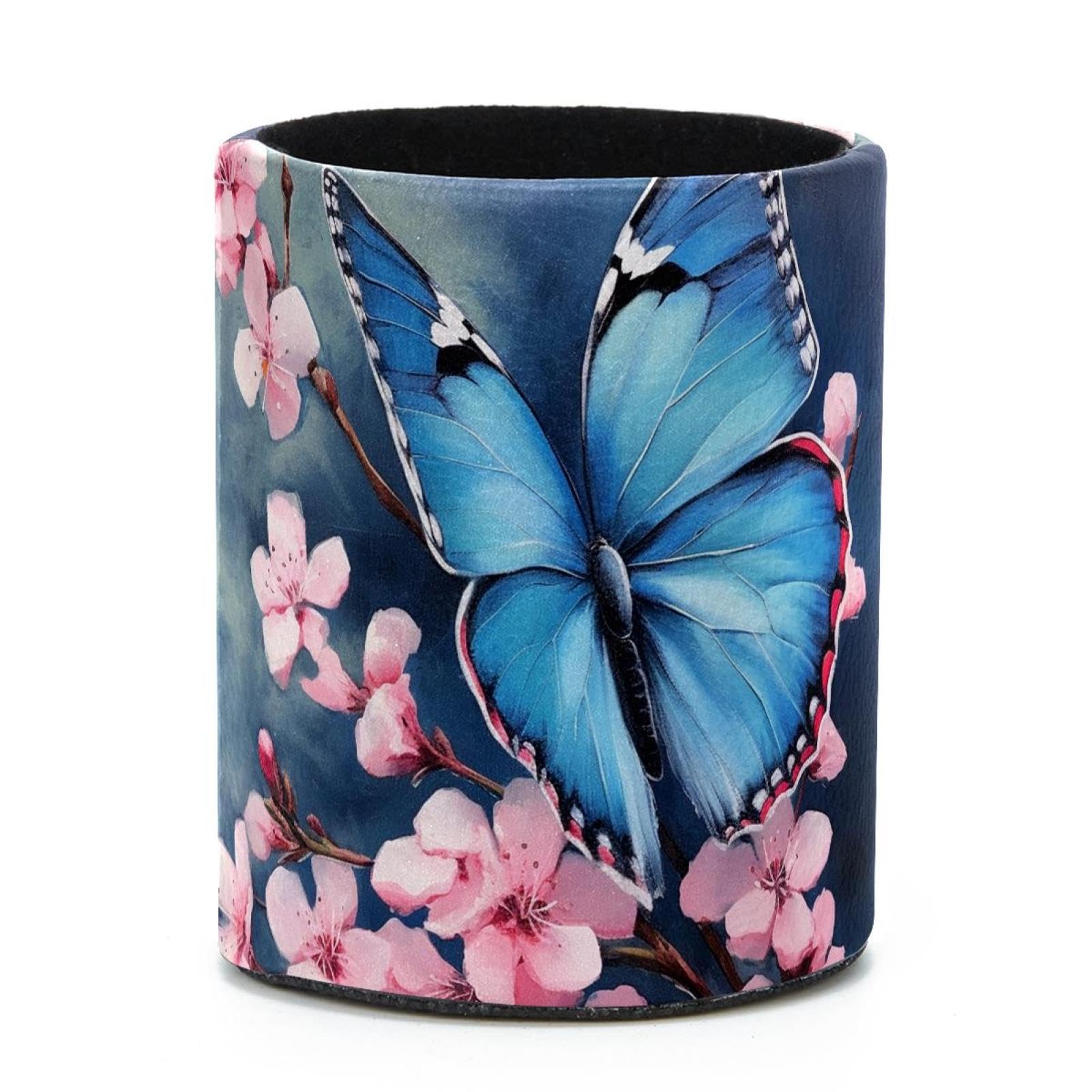VAPOKF Round Pencil Holders for Desk, Blue Butterfly Cherry Blossom Pen Holders Pen Pot Makeup Brushes Storage Desktop Stationery Supplies Organiser for Home Office
