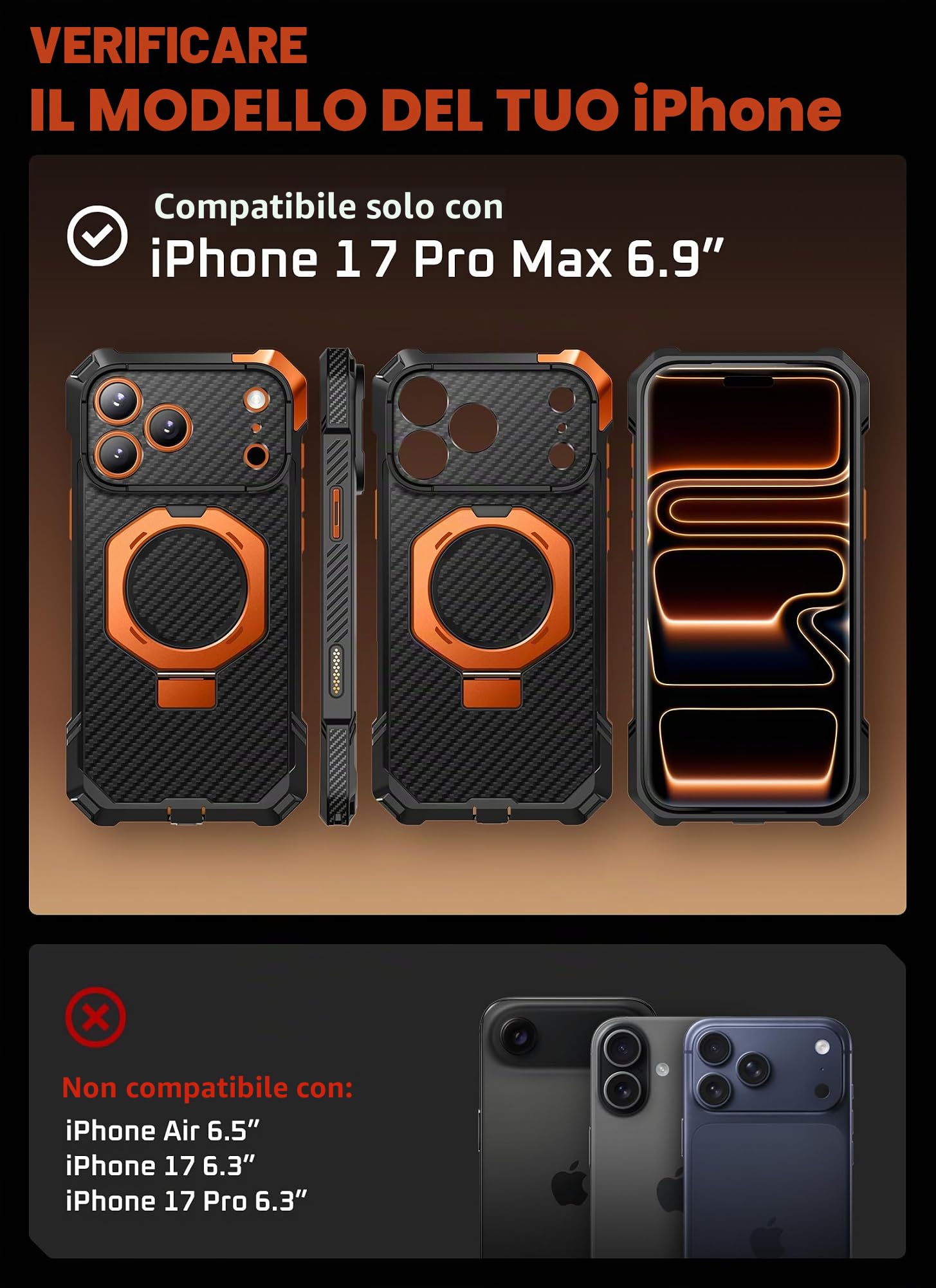 SUPCASE Cover per iPhone 17 Pro Max 6.9 Pollici con Supporto, [Compatibile con MagSafe] [Protezione Militare dalle Cadute] - Custodia Magnetica Robusta e Resistente (Nero-Arancione)