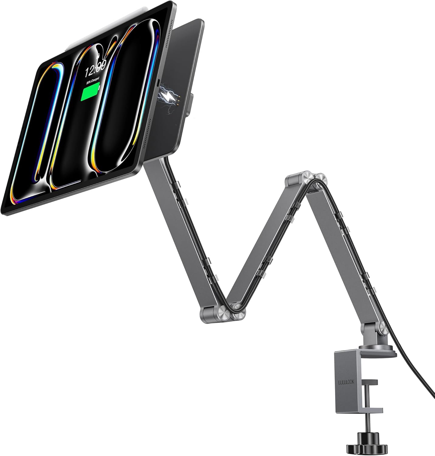 LULULOOK [Upgrade] Magnetic Wireless Charging Stand for iPad Pro 11" M5 & M4, Rock Steady iPad Stand for Desk with Foldable Aluminum Alloy Arm, Adjustable Tablet Mount with 2M Braided Cable