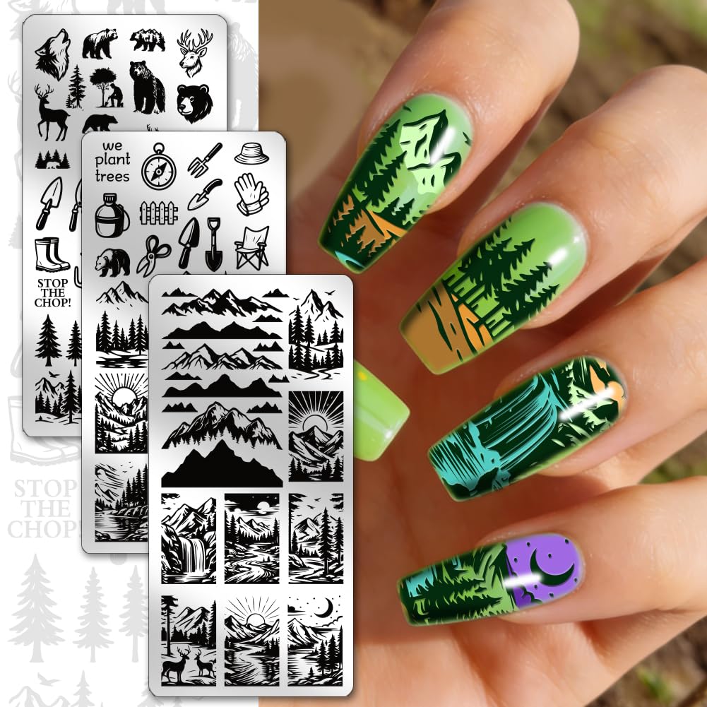 PH PandaHall 3 piastre per stampaggio unghie con alberi animali selvatici modelli per nail art montagne foresta manicure piastra timbro proteggere alberi unghie stencil arte per donne stampa manicure