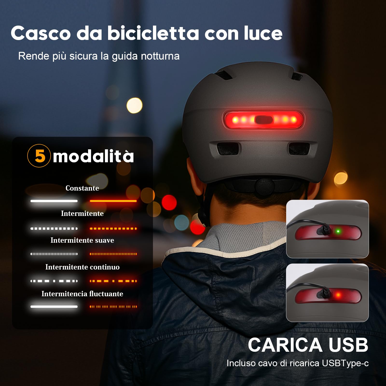 Shinmax Casco Bici Uomo e Donna,5 modalità di Luce e Visiera,USB ricaricabile,Casco Caschetto Bici Uomo per Pendolari Urbani