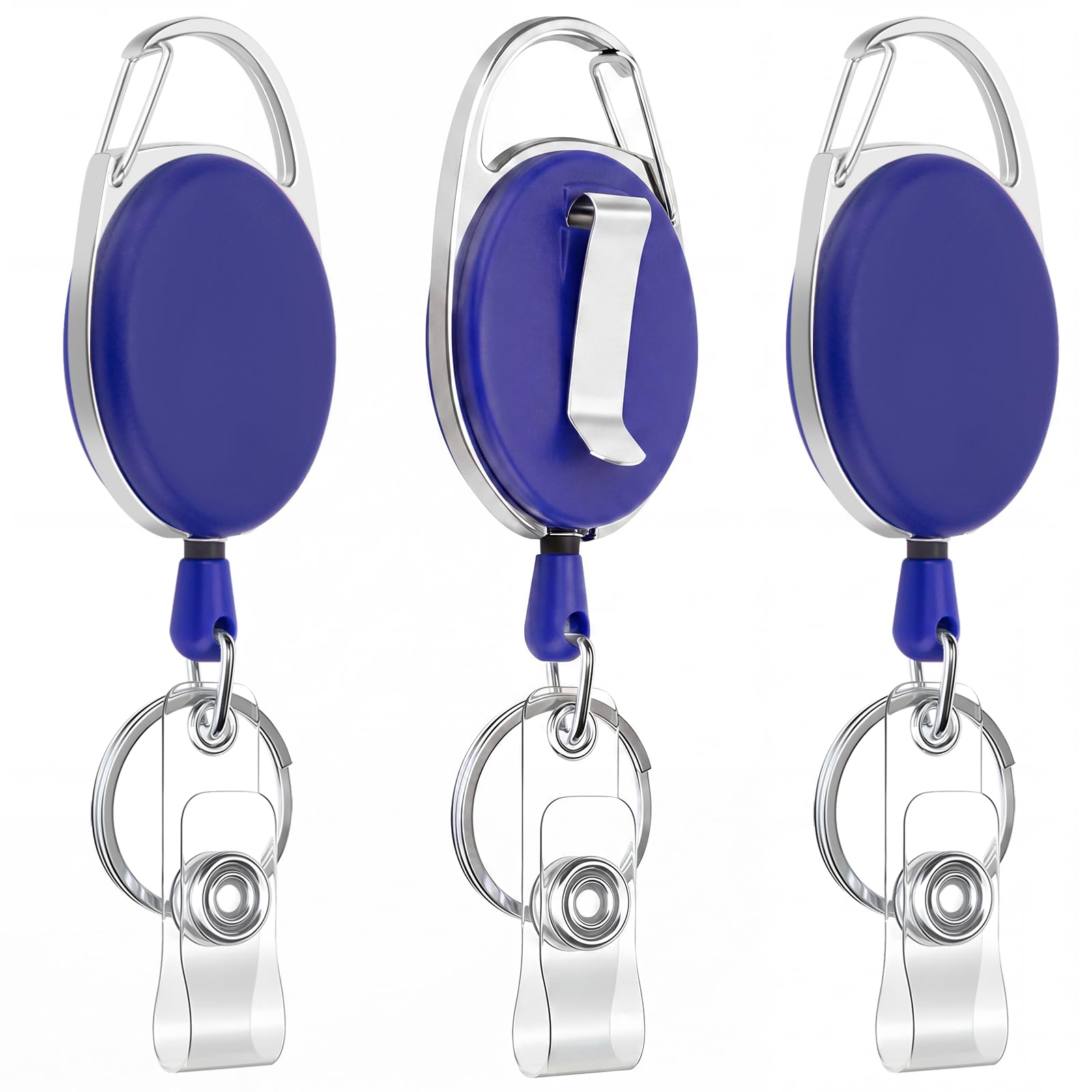 JEFURE 3pcs Retractable Badge Reel, Badge Holder, Extendable Id Card Holder, Lanyard Clip, Extendable Keyring with Clip, Heavy Duty Keychain, Fob Holder (Dark Blue) — image 1