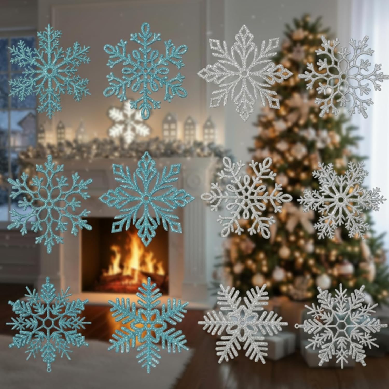 Sratte 12 Pcs 16 Inch Large Snowflake Ornaments,Giant Glitter Decorative Hanging Snowflakes,6 Designs Christmas Decorative Hanging Ornaments,Winter Window Decor with Nylon Thread (Blue,Silver)