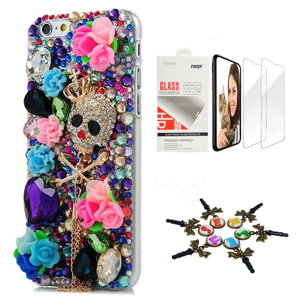 STENES Bling Case Compatible iPhone 11 - Stylish - 3D Handmade [Sparkle Series] Crown Skull Chain Pendant Flowers Design Cover with Screen Protector [2 Pack] - Colorful
