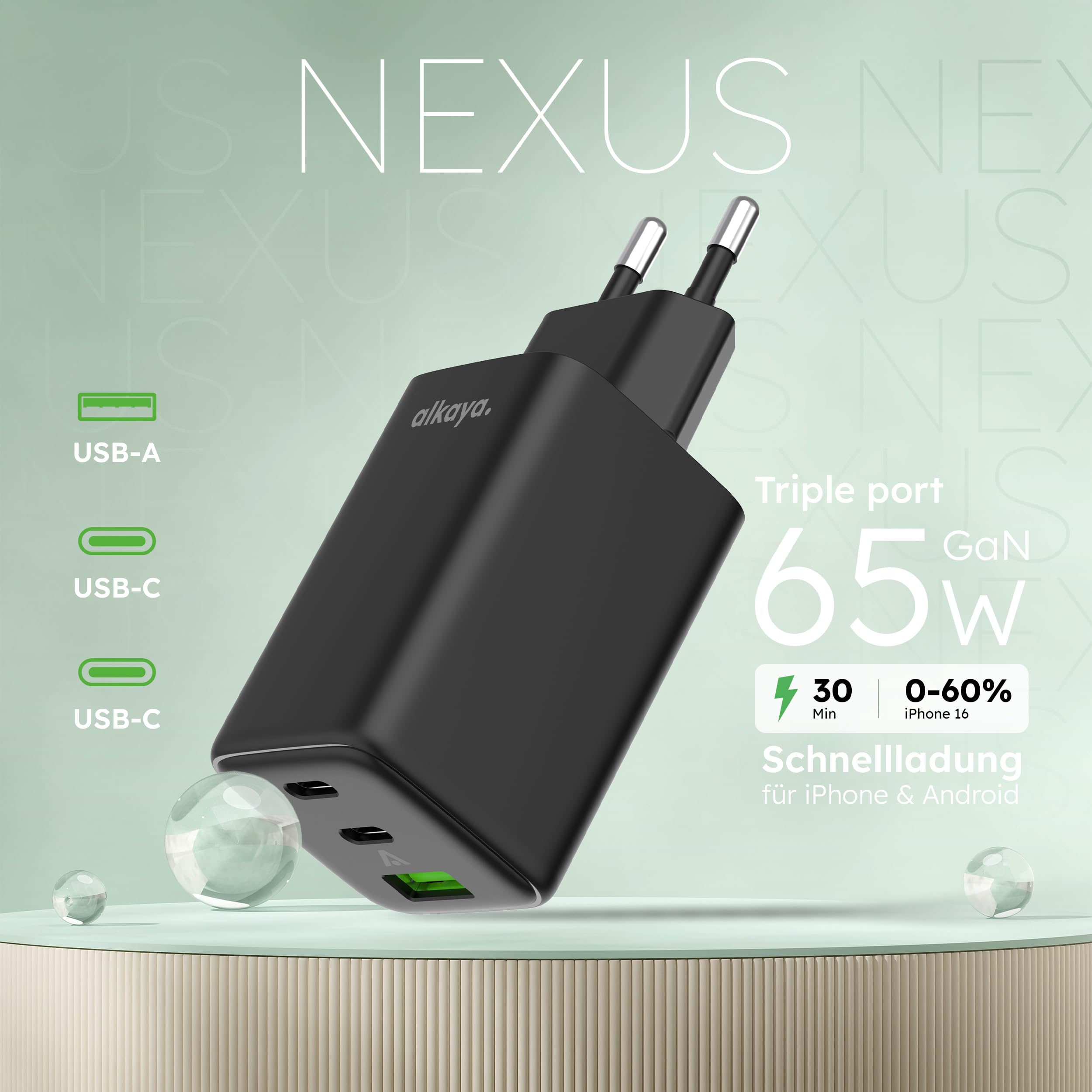 USB-C+C+A, caricabatterie rapido Apple, Samsung, Xiaomi, Huawei, Sony, Google presa di ricarica a 3 porte, nero