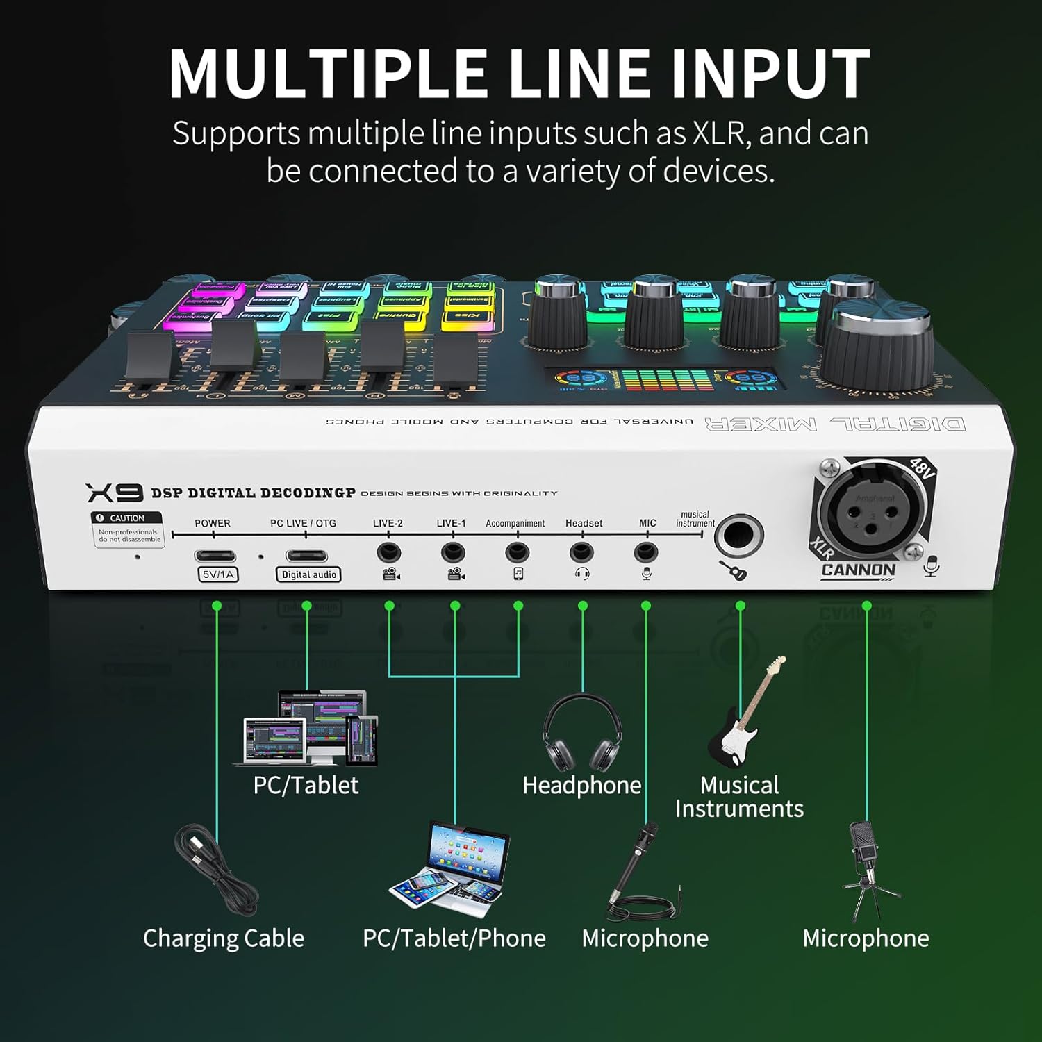 XTUGA X9 Audio Interface Mixer showing multiple input connections to various devices