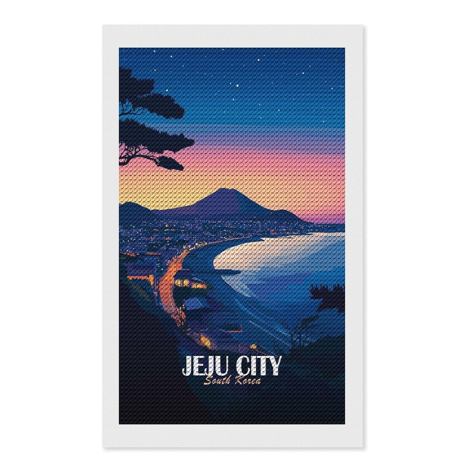 Junmoney Jeju City South Korea at Dusk Diamond Art Canvas 12"x20", Full Kit Included, Bedroom Decor, for Beginners, Thoughtful Handmade Gift